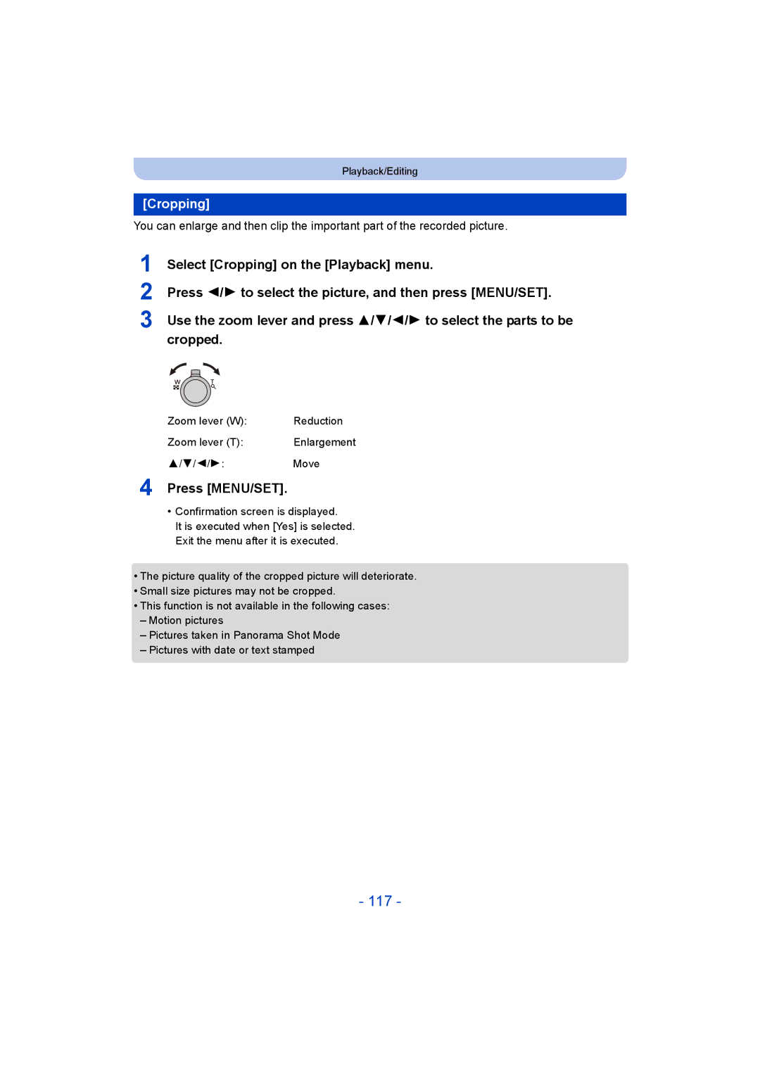 Panasonic DMC-ZS35 owner manual 117, Cropping 