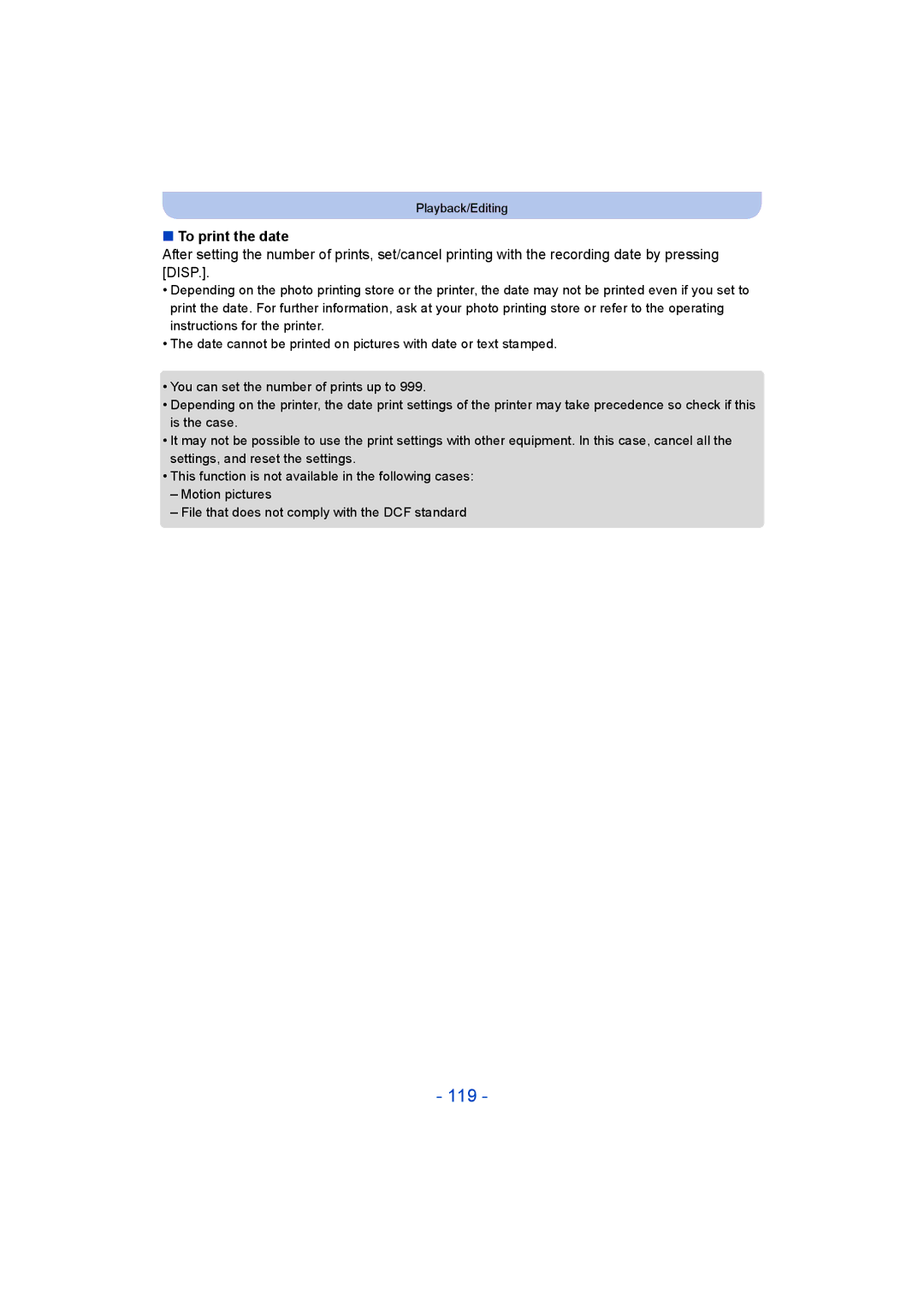 Panasonic DMC-ZS35 owner manual 119, To print the date 