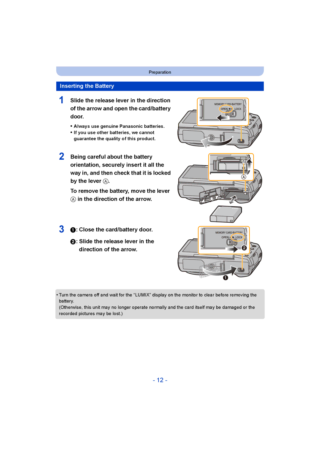 Panasonic DMC-ZS35 owner manual Inserting the Battery 