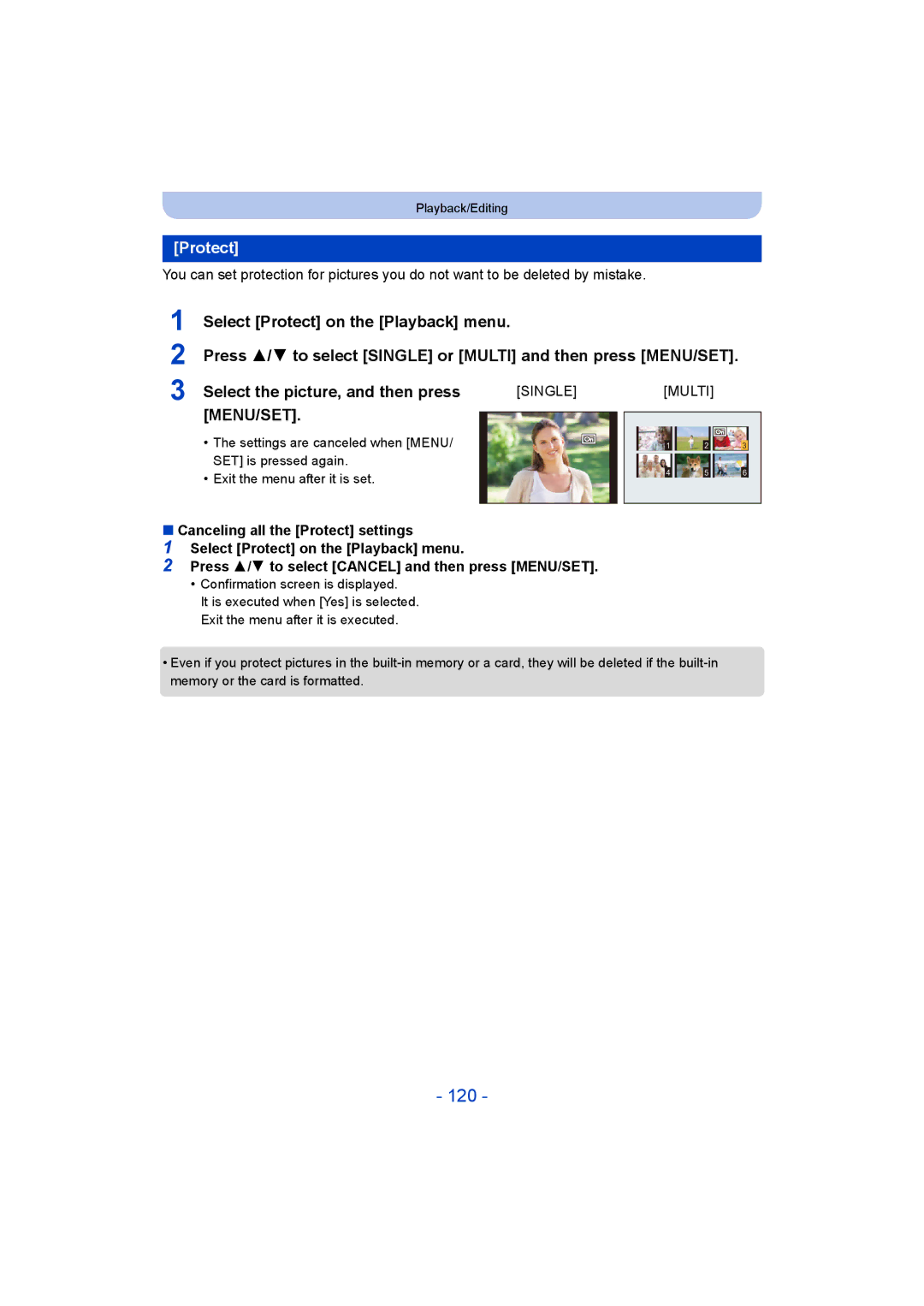 Panasonic DMC-ZS35 owner manual 120, Protect 