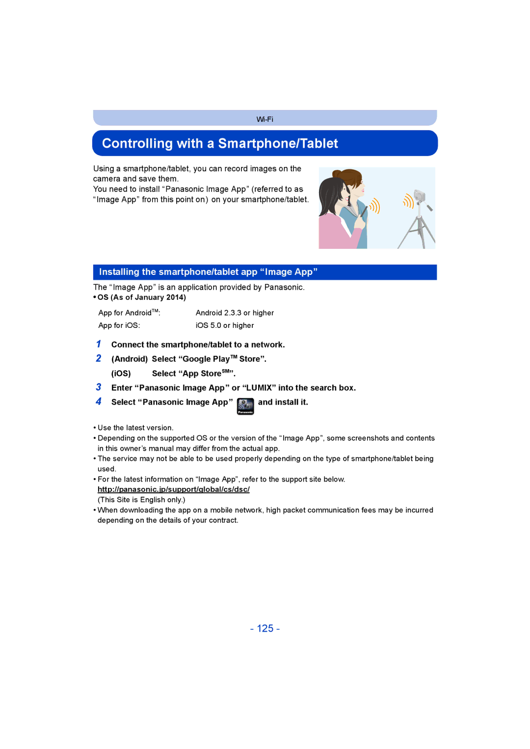 Panasonic DMC-ZS35 owner manual Controlling with a Smartphone/Tablet, 125, Installing the smartphone/tablet app Image App 