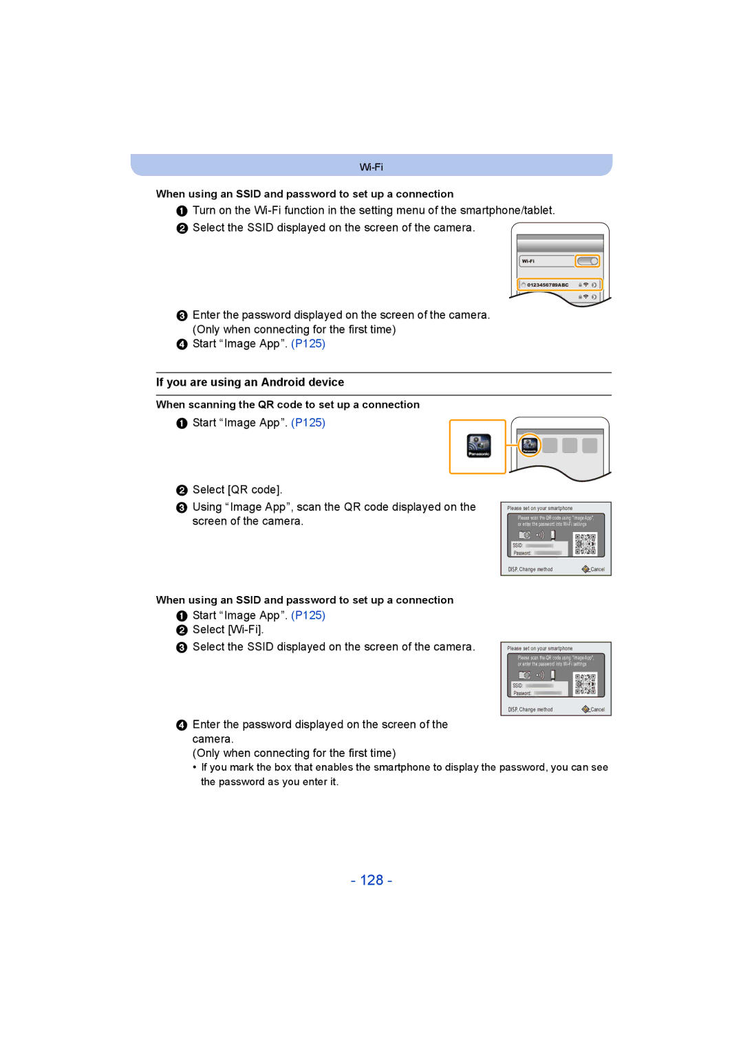 Panasonic DMC-ZS35 owner manual 128, If you are using an Android device, Start Image App. P125 Select QR code 