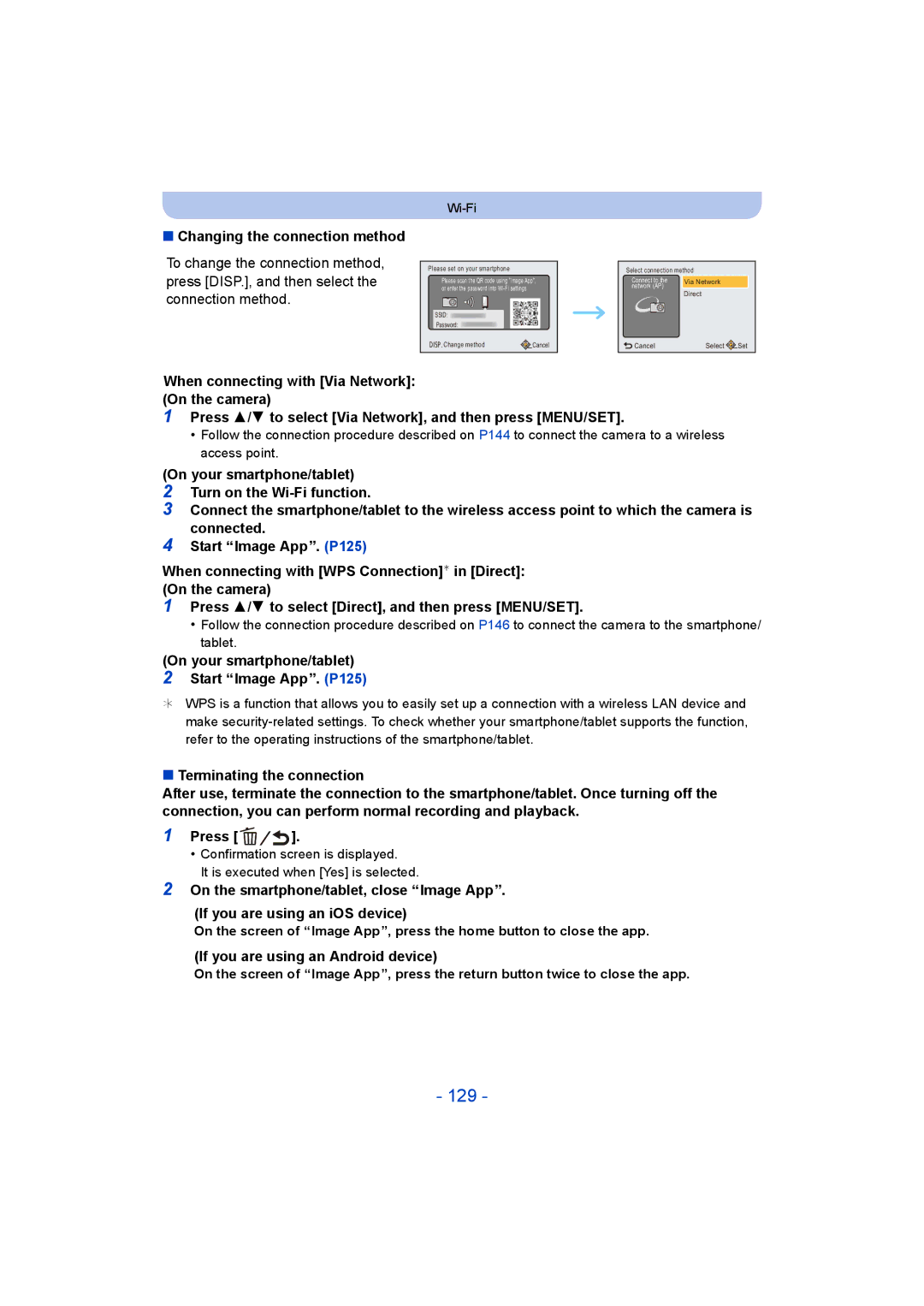 Panasonic DMC-ZS35 owner manual 129, Changing the connection method, On your smartphone/tablet Start Image App. P125 