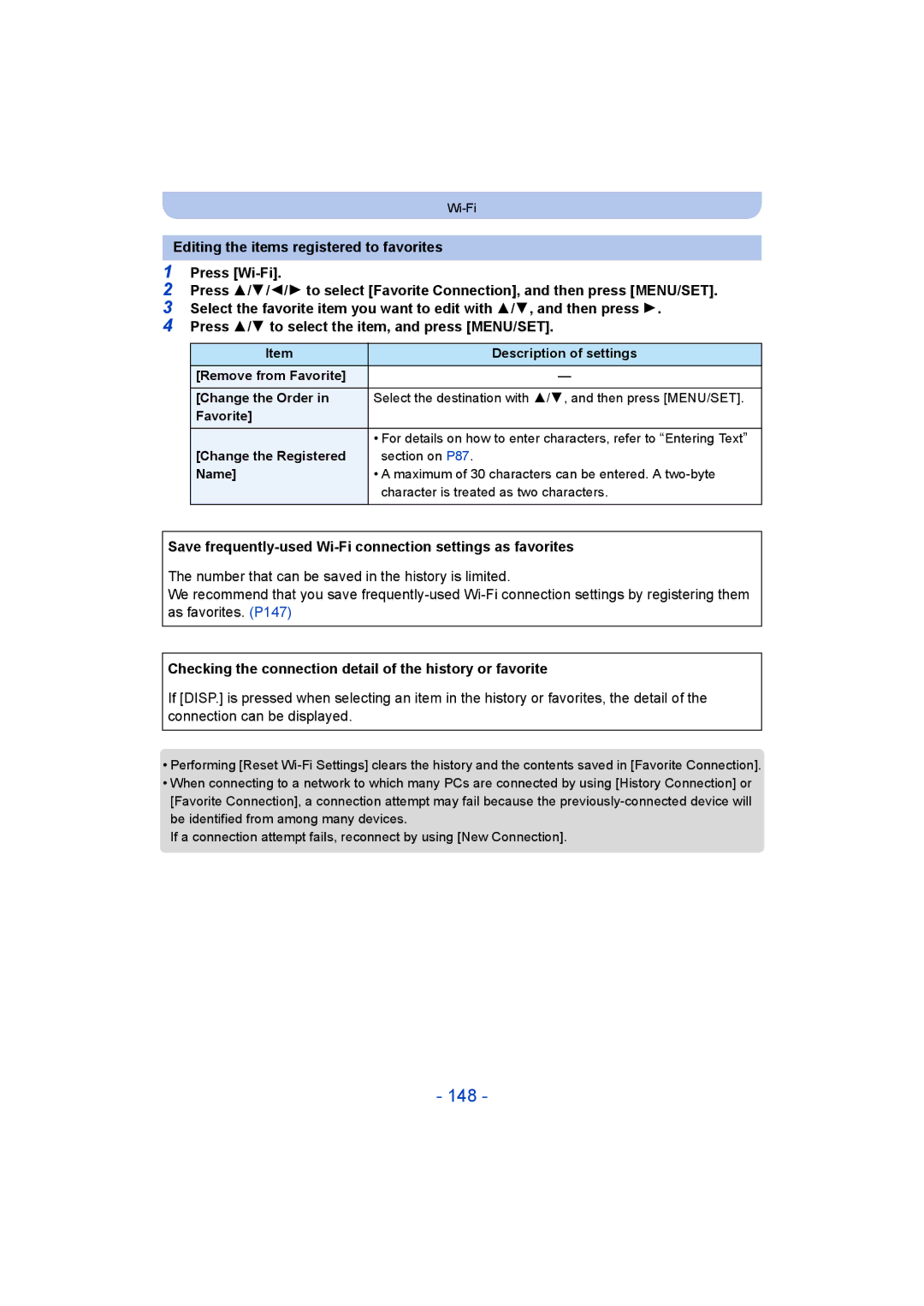 Panasonic DMC-ZS35 owner manual 148, Save frequently-used Wi-Fi connection settings as favorites 