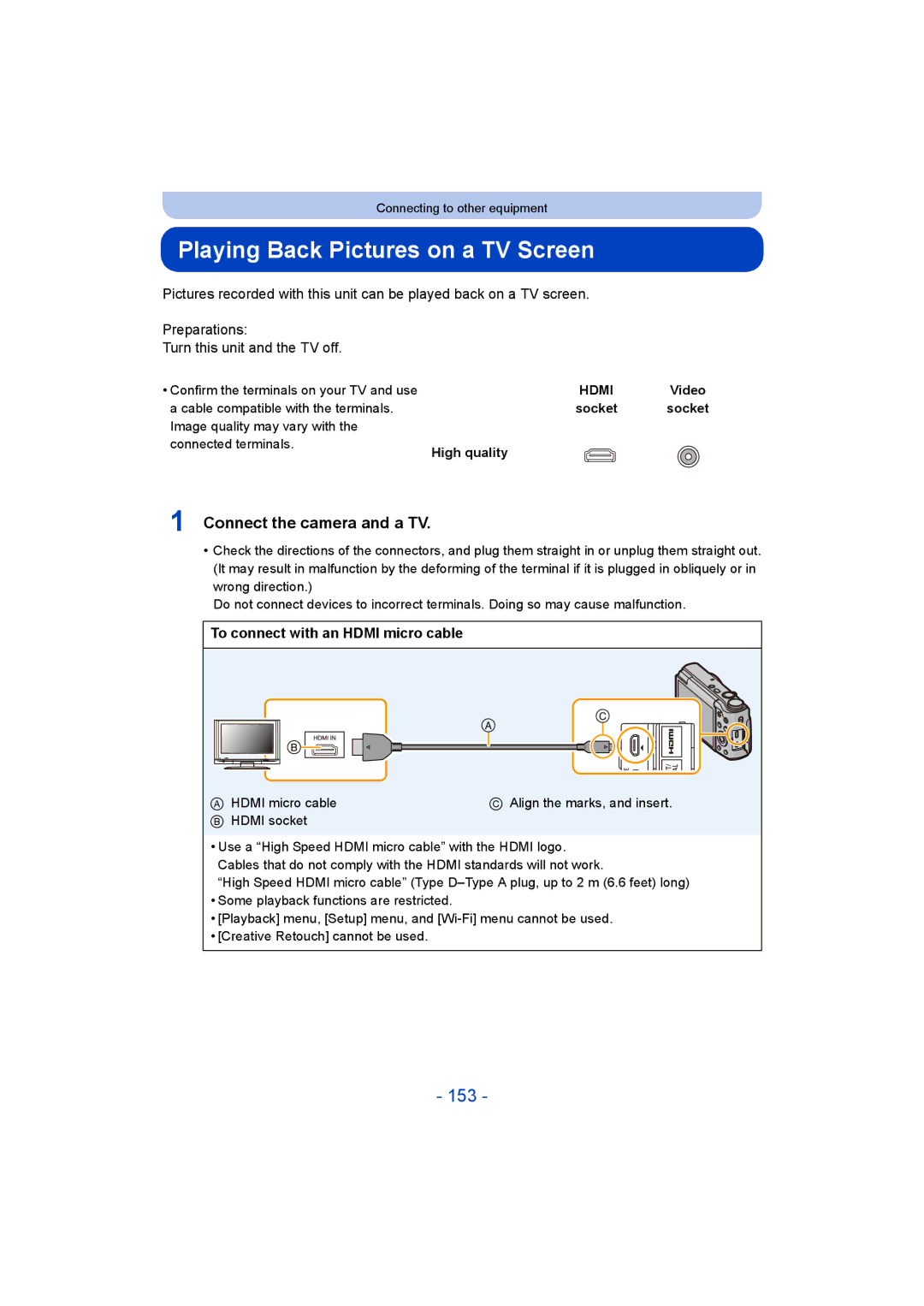 Panasonic DMC-ZS35 owner manual Playing Back Pictures on a TV Screen, 153, Connect the camera and a TV 