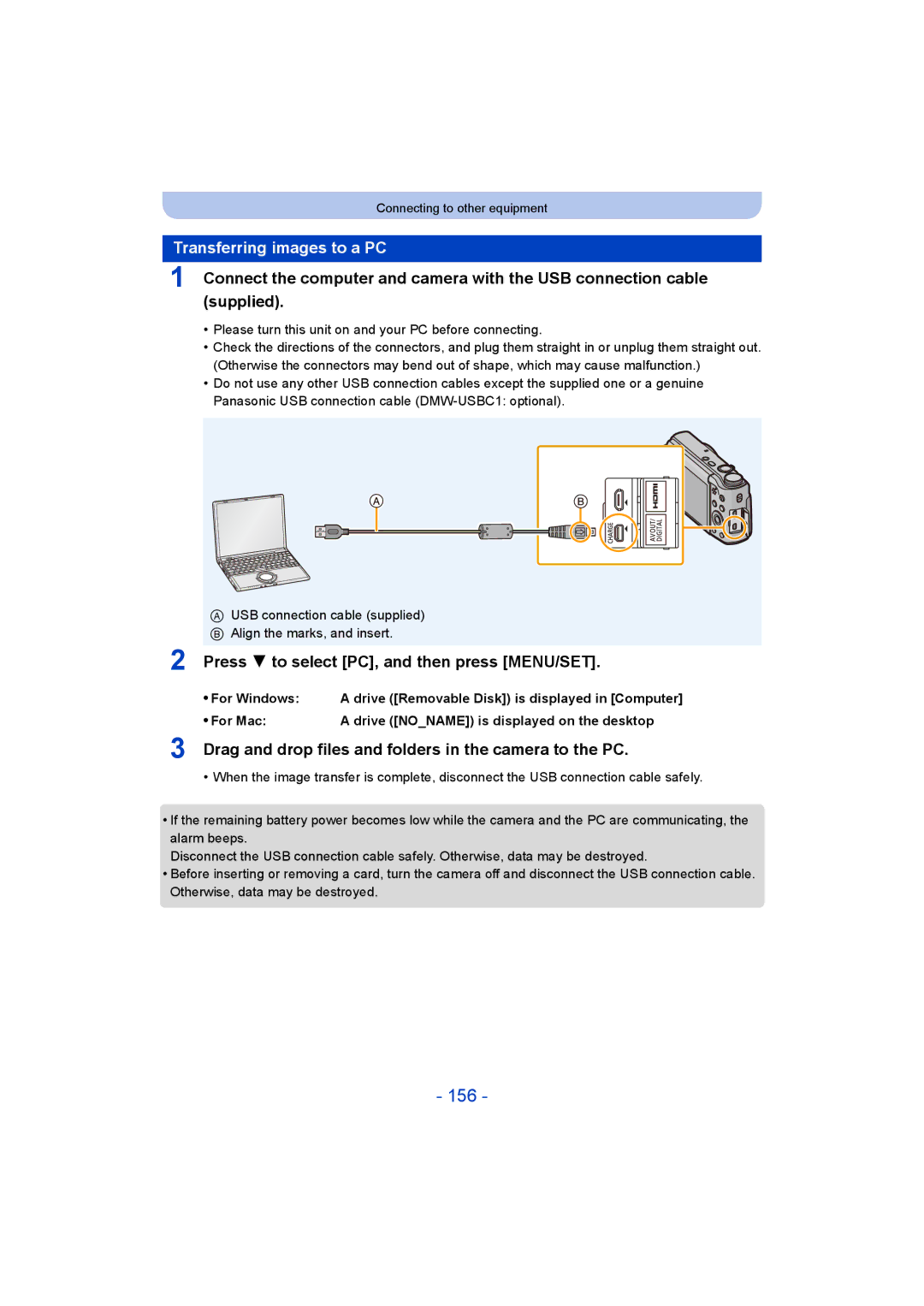 Panasonic DMC-ZS35 owner manual 156, Transferring images to a PC, Press 4 to select PC, and then press MENU/SET 