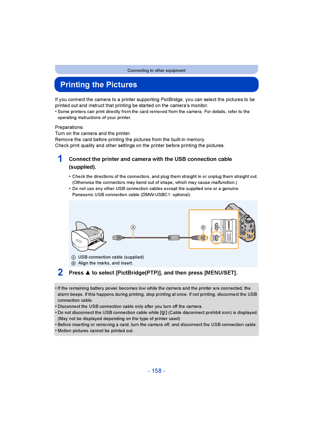 Panasonic DMC-ZS35 owner manual Printing the Pictures, 158, Press 3 to select PictBridgePTP, and then press MENU/SET 