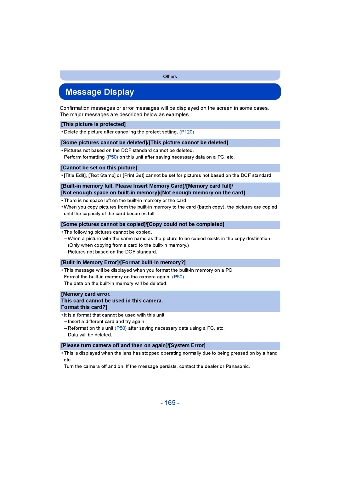 Panasonic DMC-ZS35 owner manual Message Display, 165 