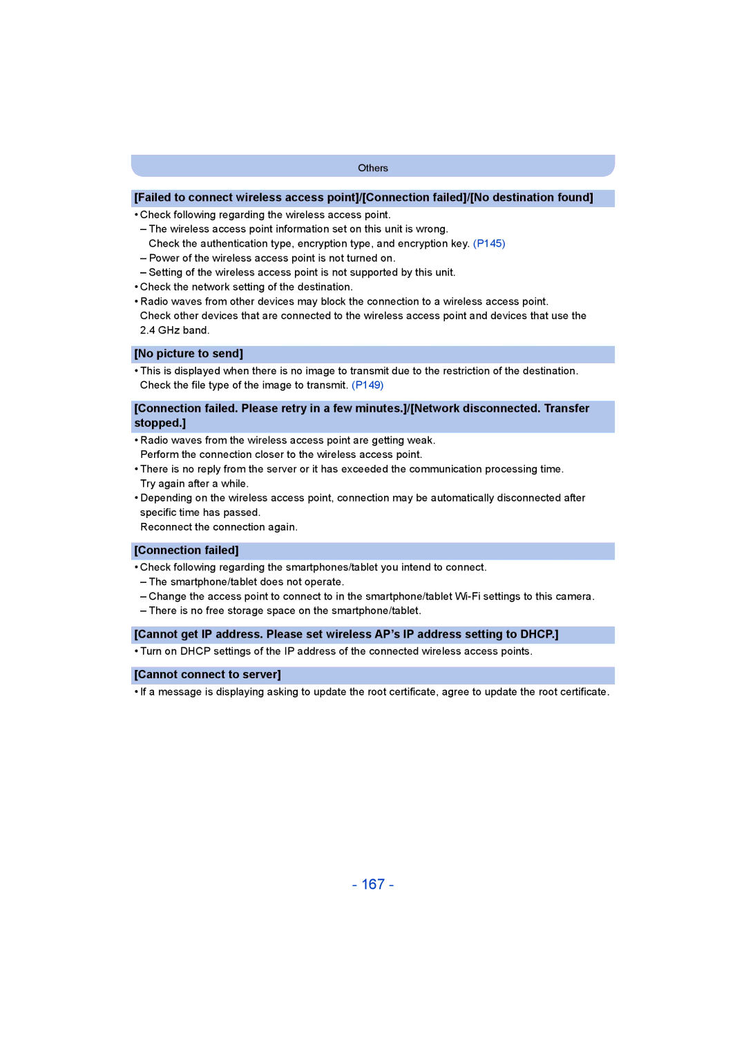 Panasonic DMC-ZS35 owner manual 167, No picture to send, Connection failed, Cannot connect to server 