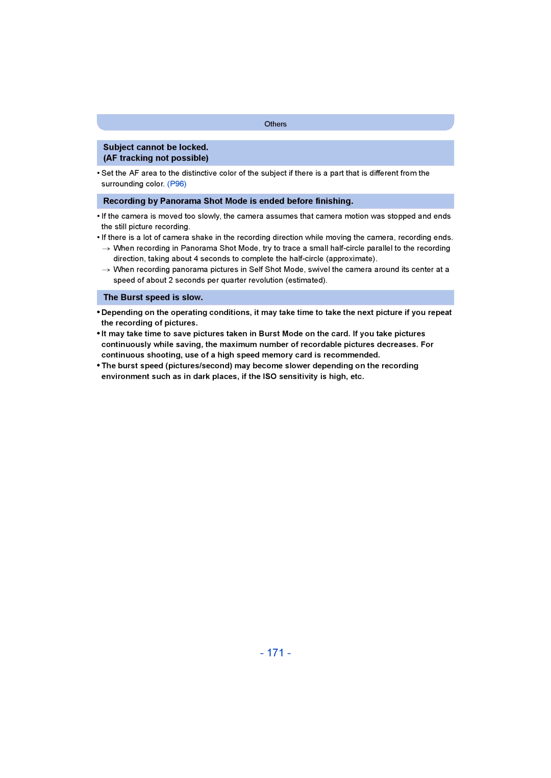 Panasonic DMC-ZS35 owner manual 171, Recording by Panorama Shot Mode is ended before finishing, Burst speed is slow 