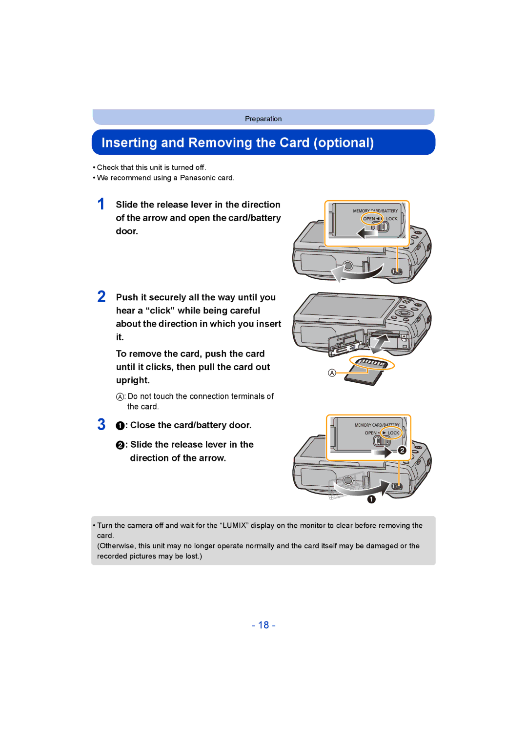 Panasonic DMC-ZS35 owner manual Inserting and Removing the Card optional, Do not touch the connection terminals of the card 