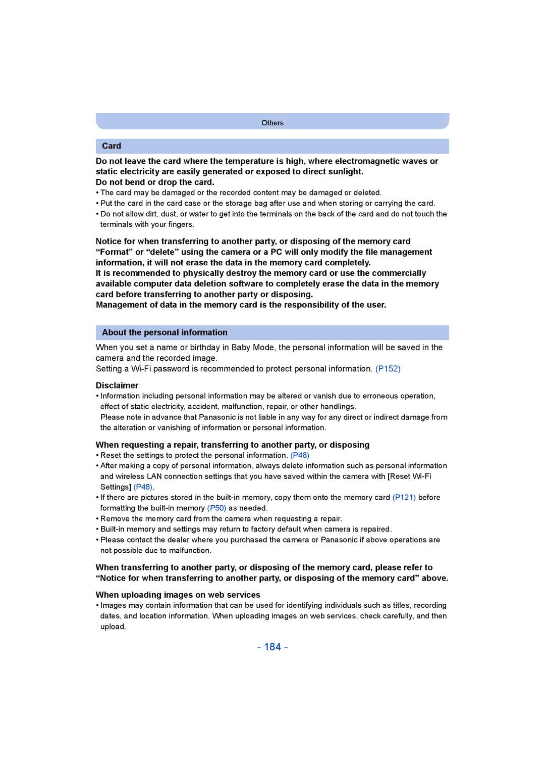 Panasonic DMC-ZS35 owner manual 184, Disclaimer, When uploading images on web services 