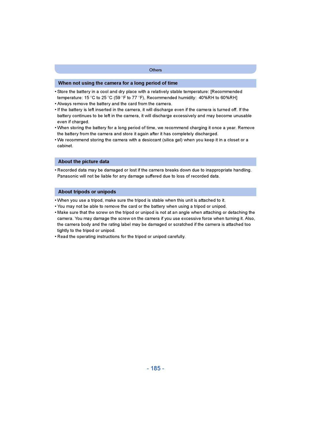 Panasonic DMC-ZS35 owner manual 185, When not using the camera for a long period of time, About the picture data 