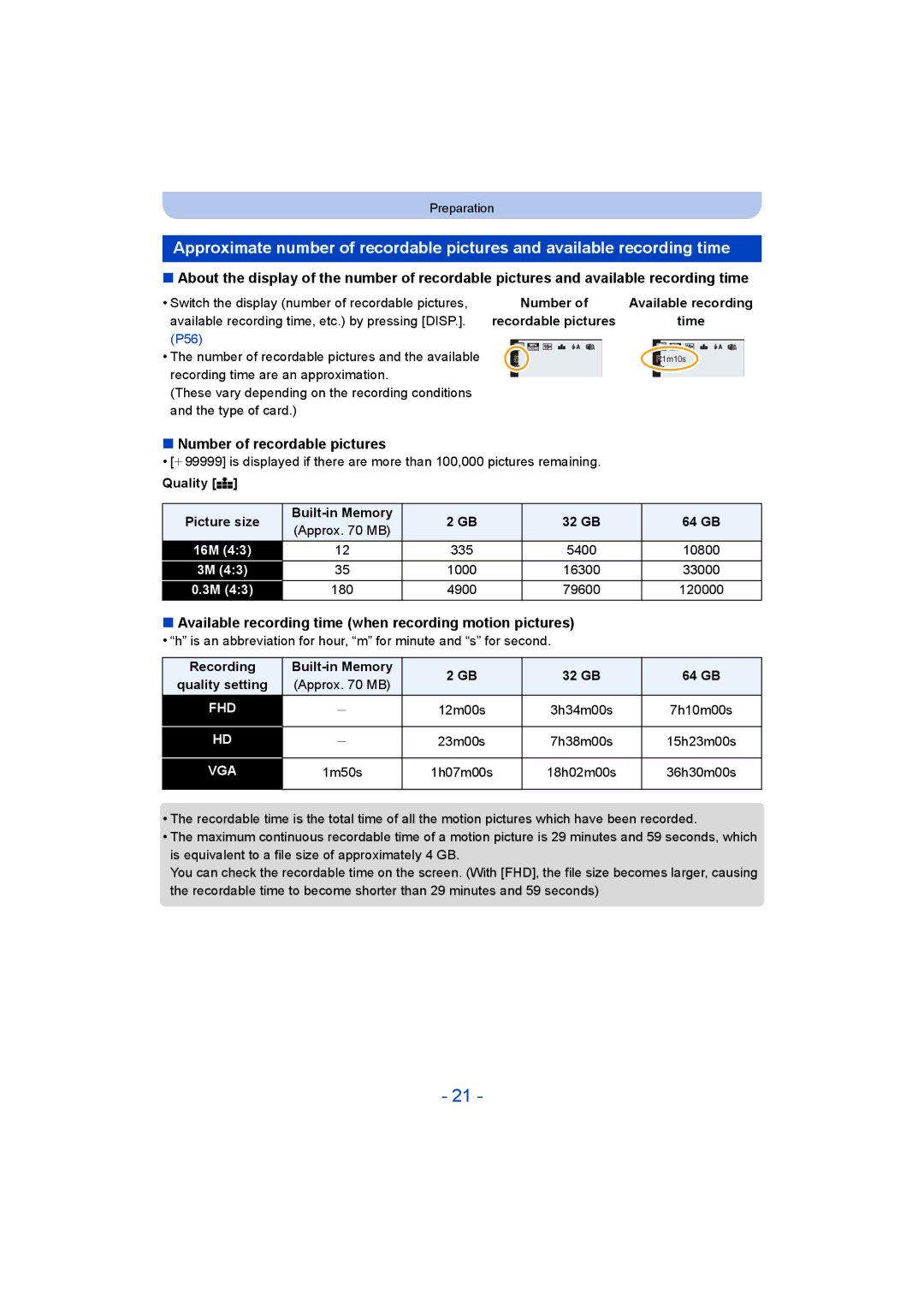 Panasonic DMC-ZS35 owner manual Number of recordable pictures, Available recording time when recording motion pictures 