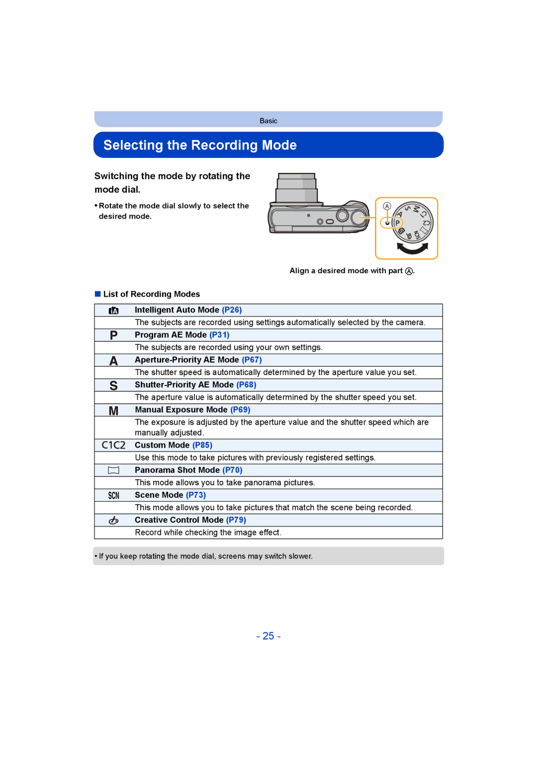 Panasonic DMC-ZS35 owner manual Selecting the Recording Mode, Switching the mode by rotating the mode dial 