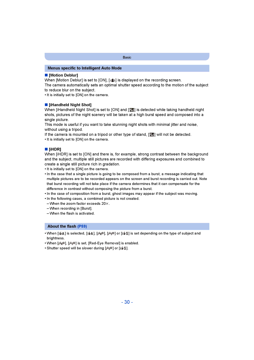 Panasonic DMC-ZS35 Menus specific to Intelligent Auto Mode Motion Deblur, IHandheld Night Shot, Ihdr, About the flash P59 