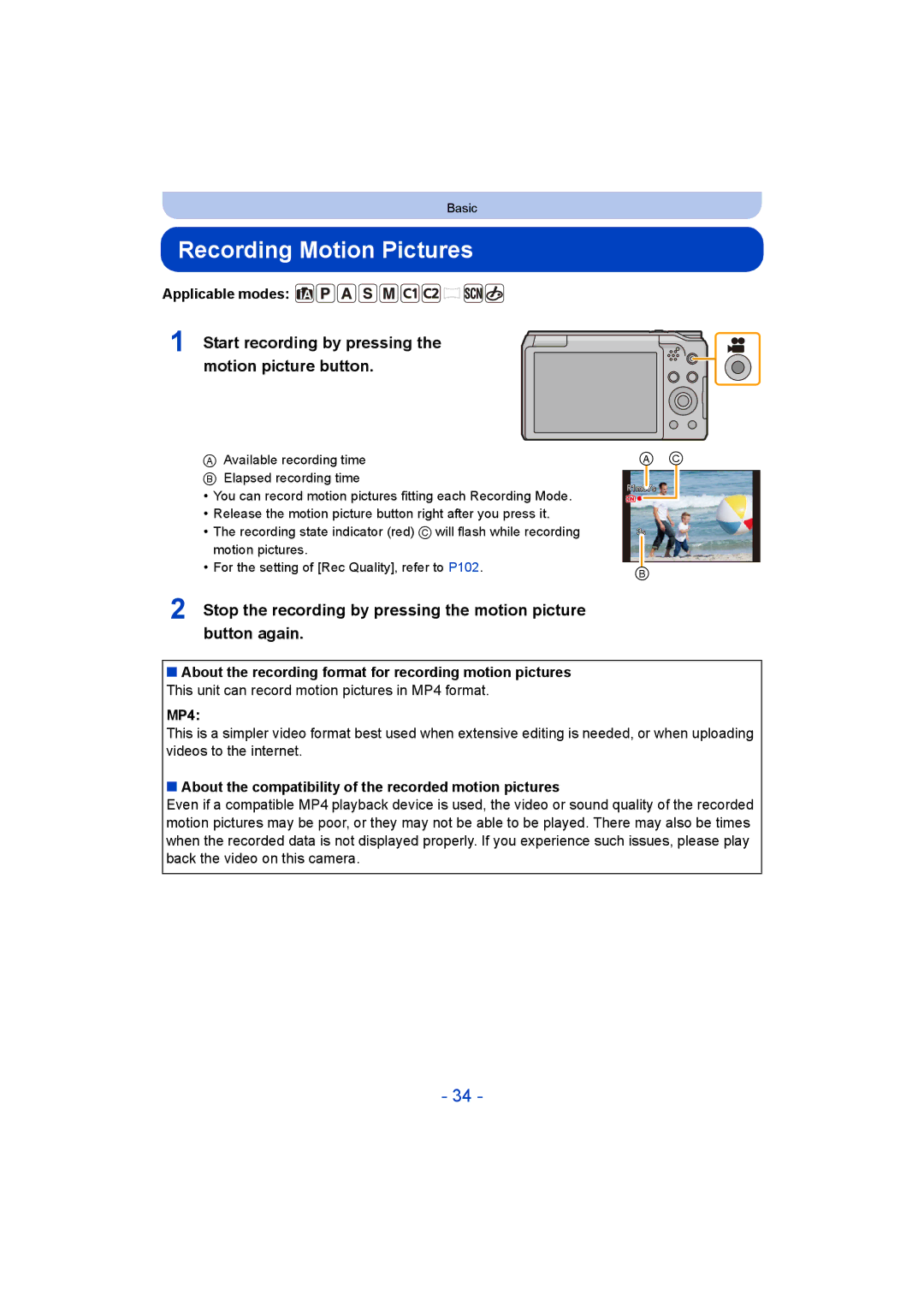 Panasonic DMC-ZS35 Recording Motion Pictures, Start recording by pressing the motion picture button, Applicable modes 