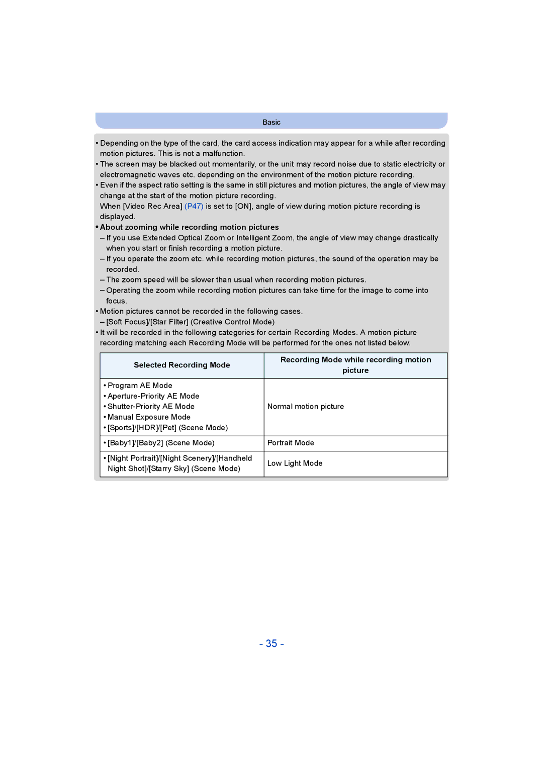 Panasonic DMC-ZS35 owner manual About zooming while recording motion pictures 