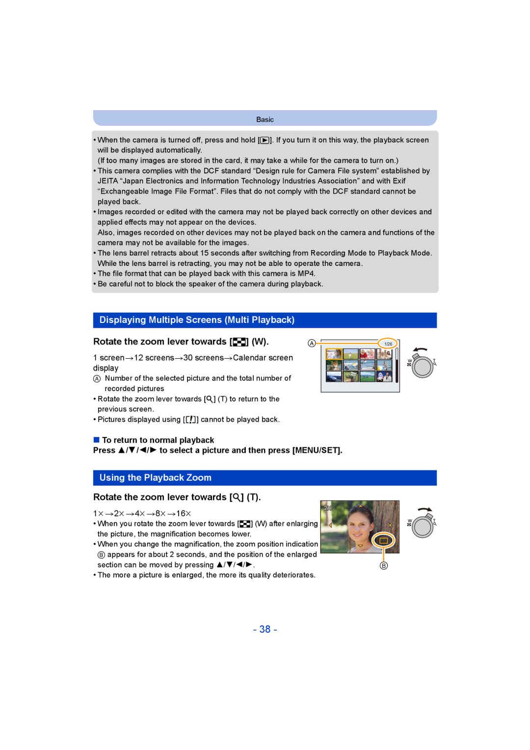 Panasonic DMC-ZS35 Displaying Multiple Screens Multi Playback, Rotate the zoom lever towards L W, Using the Playback Zoom 