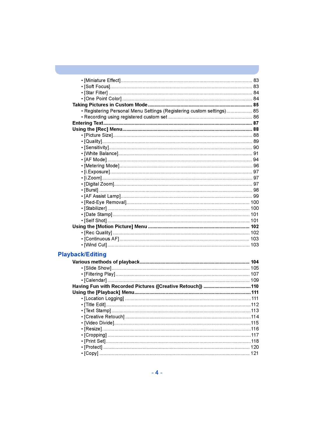 Panasonic DMC-ZS35 owner manual 102, 104, 110, 111 