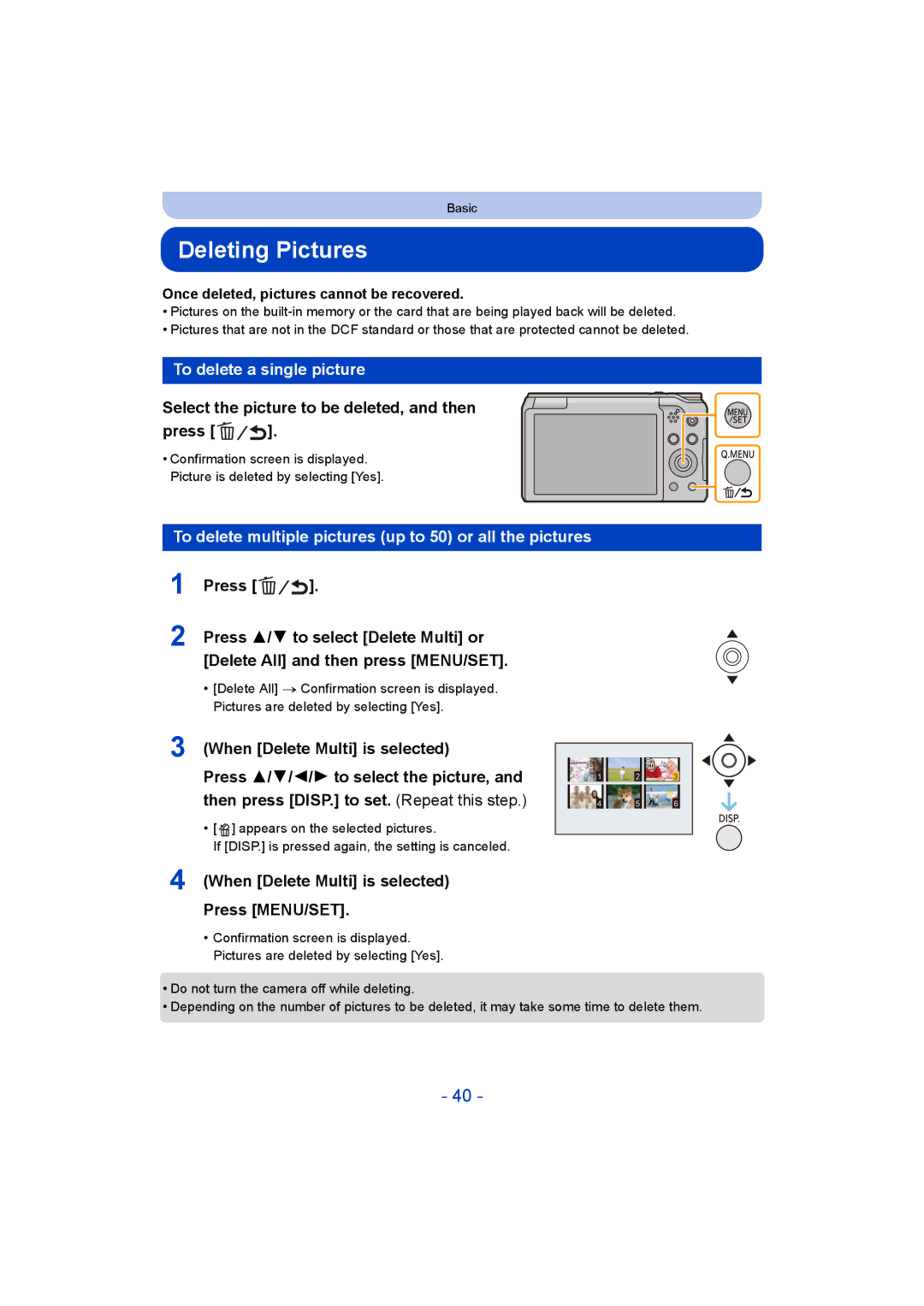 Panasonic DMC-ZS35 Deleting Pictures, To delete a single picture, Select the picture to be deleted, and then Press 