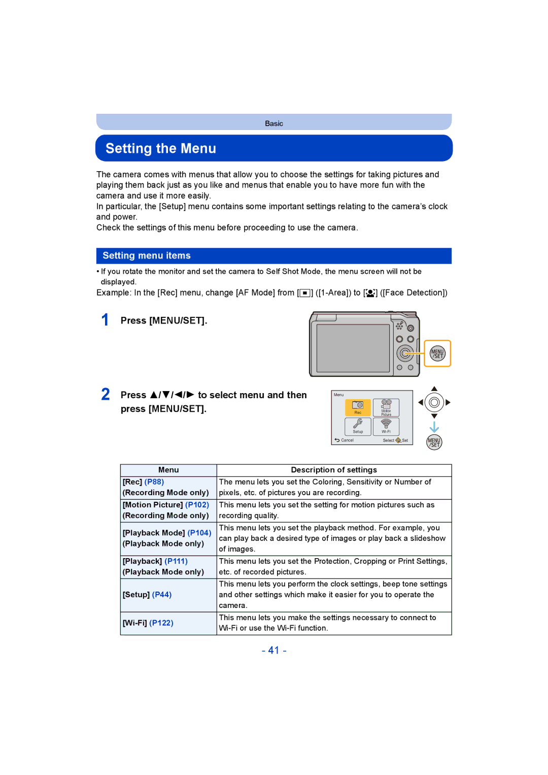 Panasonic DMC-ZS35 owner manual Setting the Menu, Setting menu items 