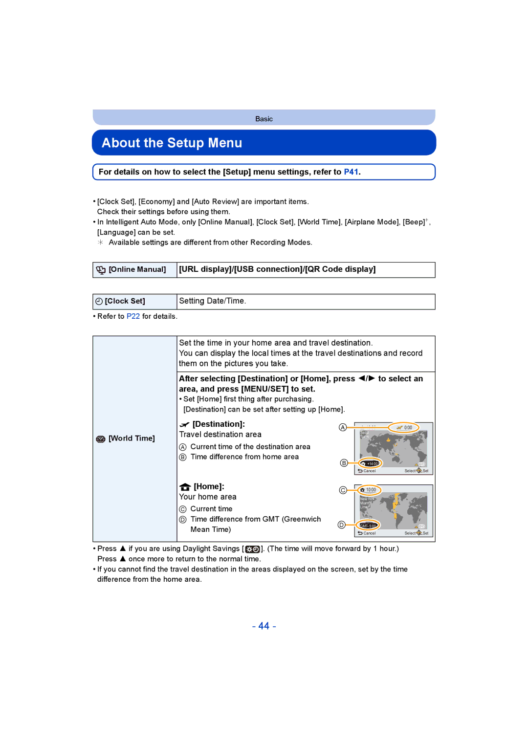 Panasonic DMC-ZS35 owner manual About the Setup Menu, URL display/USB connection/QR Code display, Setting Date/Time 