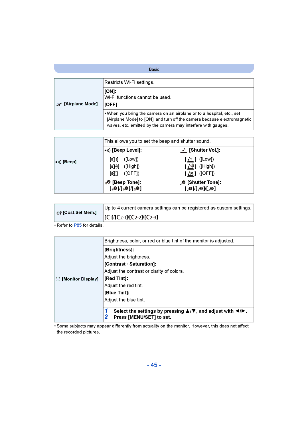 Panasonic DMC-ZS35 owner manual Beep Level, Low High OFF Beep Tone, Brightness, Contrast · Saturation, Red Tint, Blue Tint 