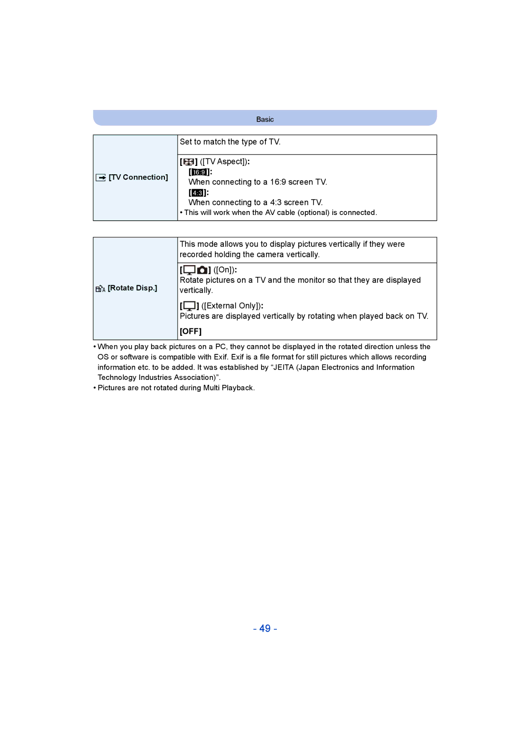 Panasonic DMC-ZS35 owner manual Set to match the type of TV, TV Aspect W, TV Connection, Rotate Disp, External Only 