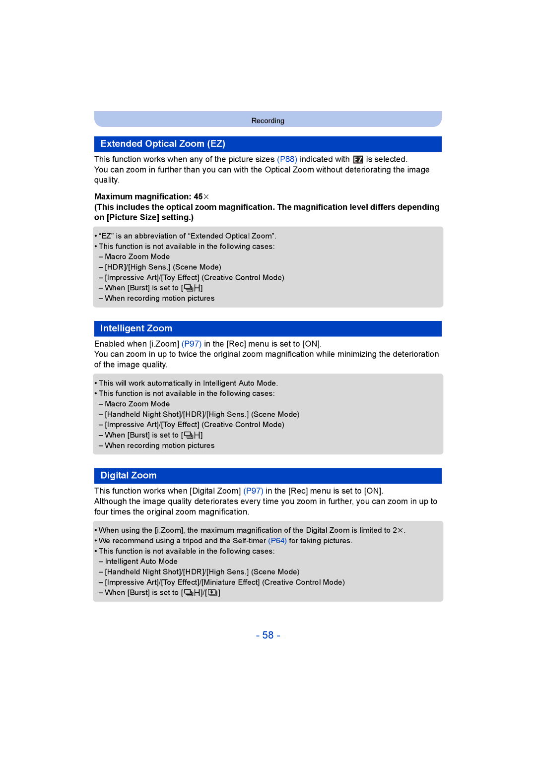 Panasonic DMC-ZS35 owner manual Extended Optical Zoom EZ, Intelligent Zoom, Digital Zoom 