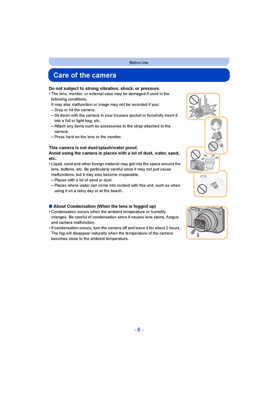 Panasonic DMC-ZS35 owner manual Care of the camera, Do not subject to strong vibration, shock, or pressure 