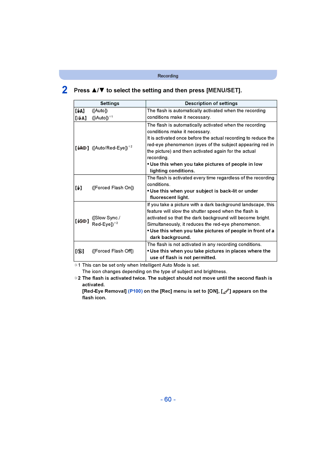 Panasonic DMC-ZS35 Settings Description of settings, Feature will slow the shutter speed when the flash is, Slow Sync 