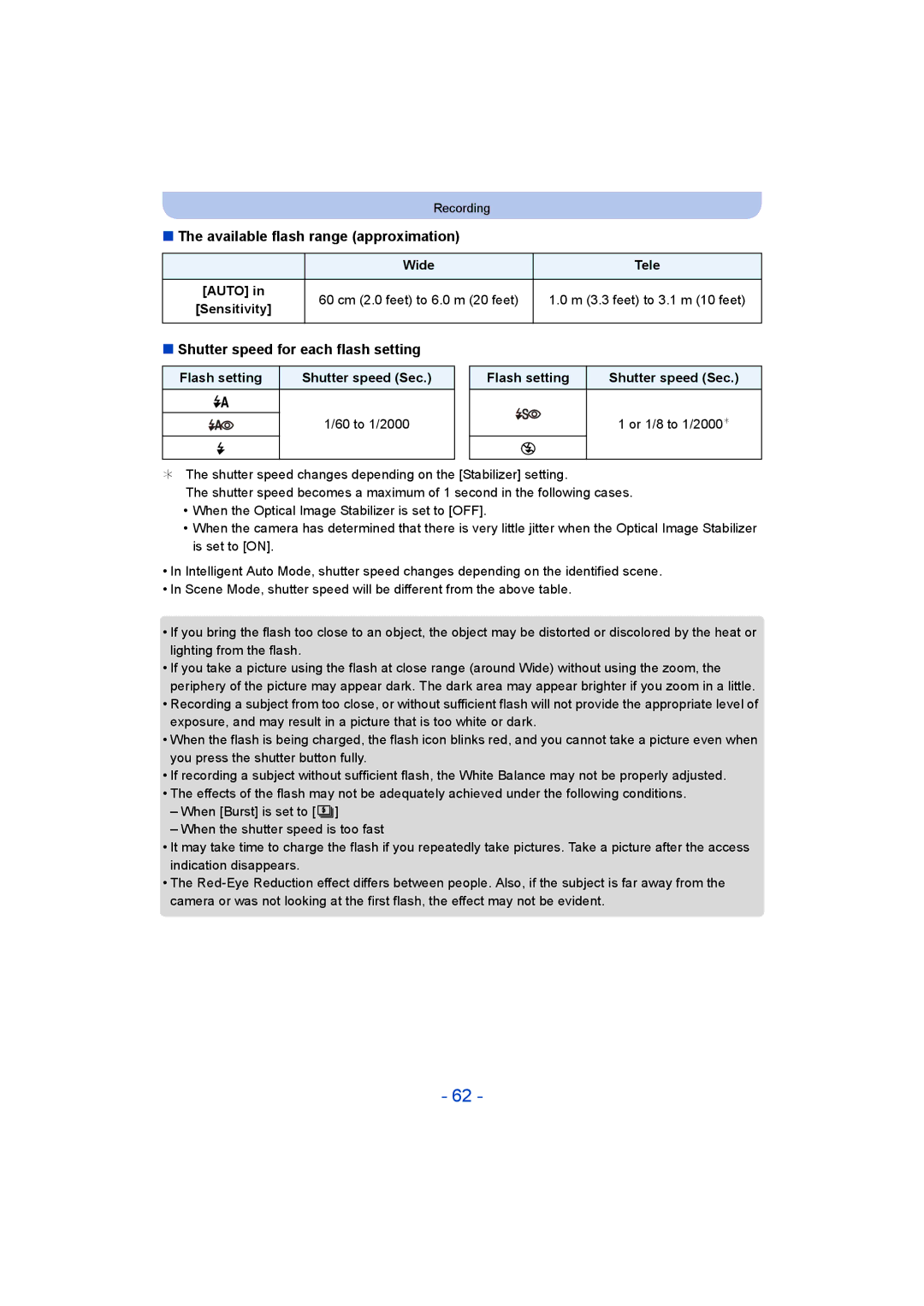 Panasonic DMC-ZS35 owner manual Available flash range approximation, Shutter speed for each flash setting, Wide Tele Auto 