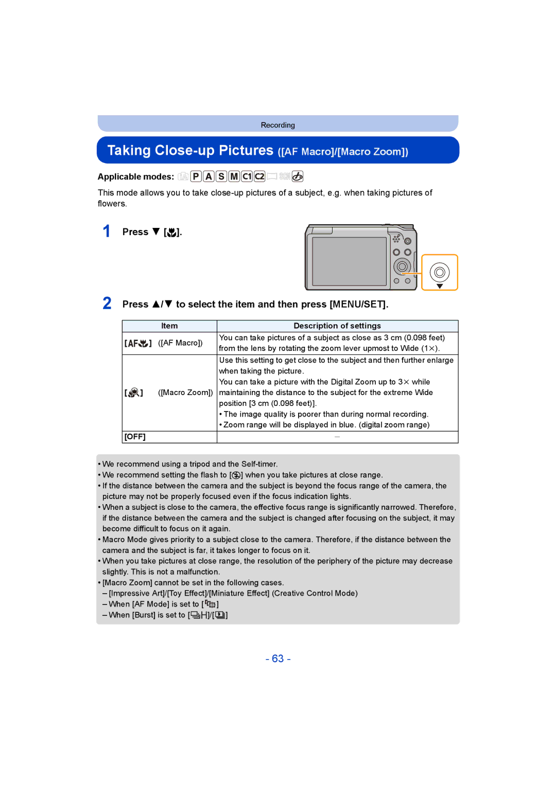 Panasonic DMC-ZS35 owner manual Taking Close-up Pictures AF Macro/Macro Zoom, Off 