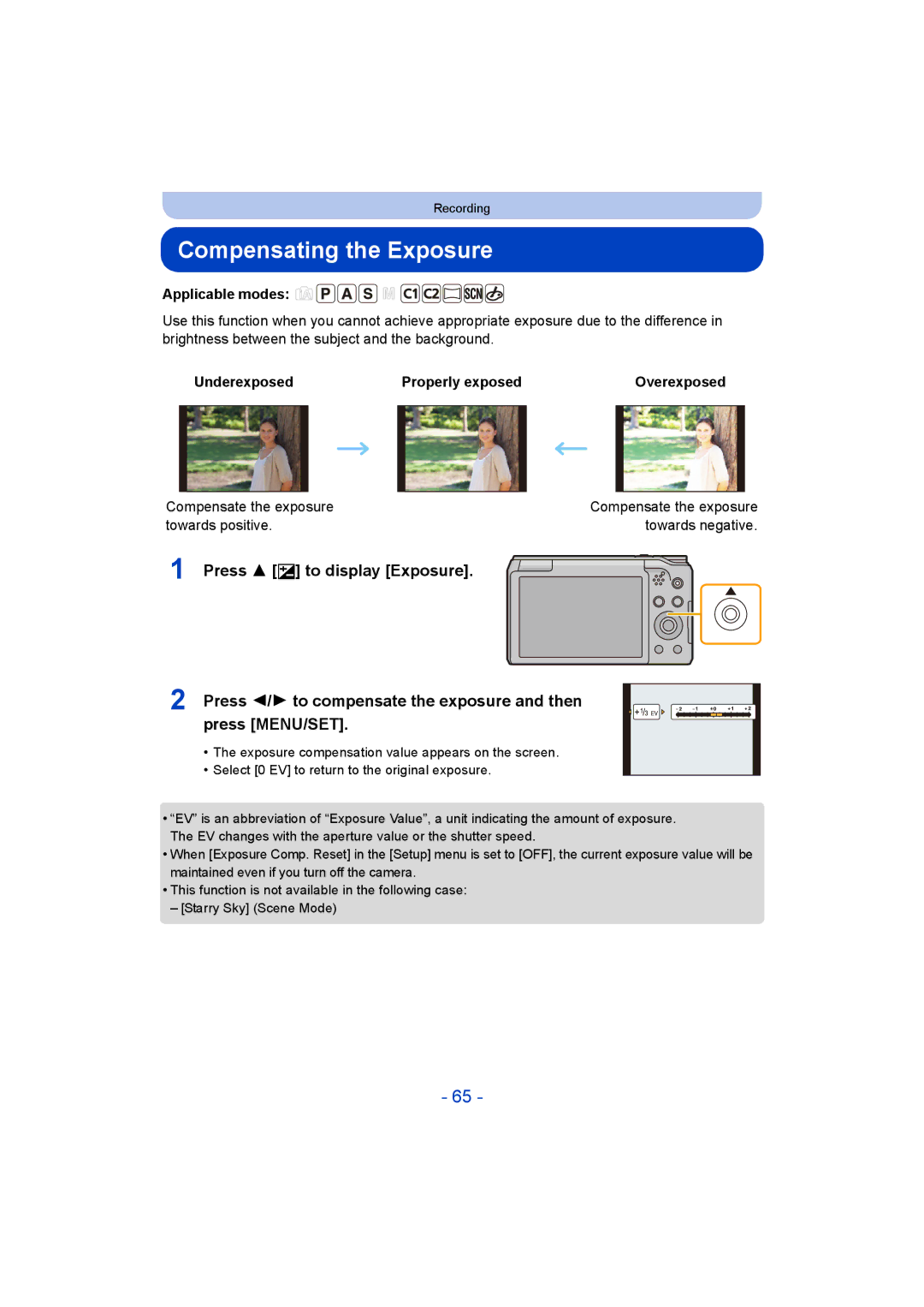 Panasonic DMC-ZS35 owner manual Compensating the Exposure, Underexposed, Overexposed, Compensate the exposure 