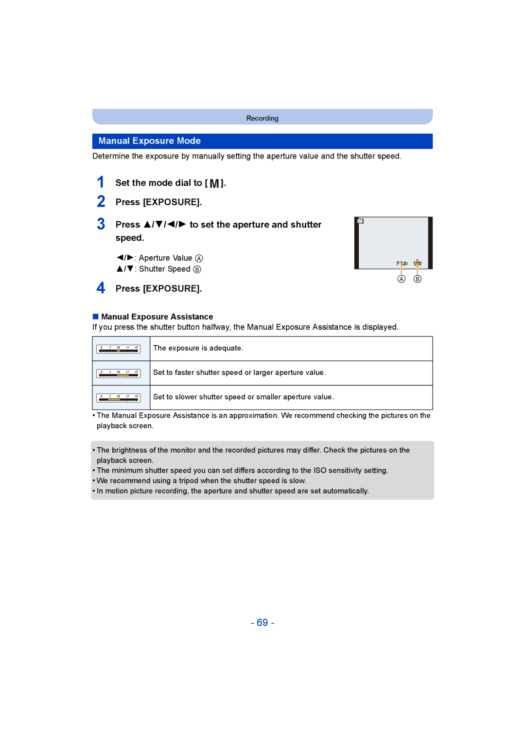 Panasonic DMC-ZS35 owner manual Manual Exposure Mode, Aperture Value a Shutter Speed B, Manual Exposure Assistance 