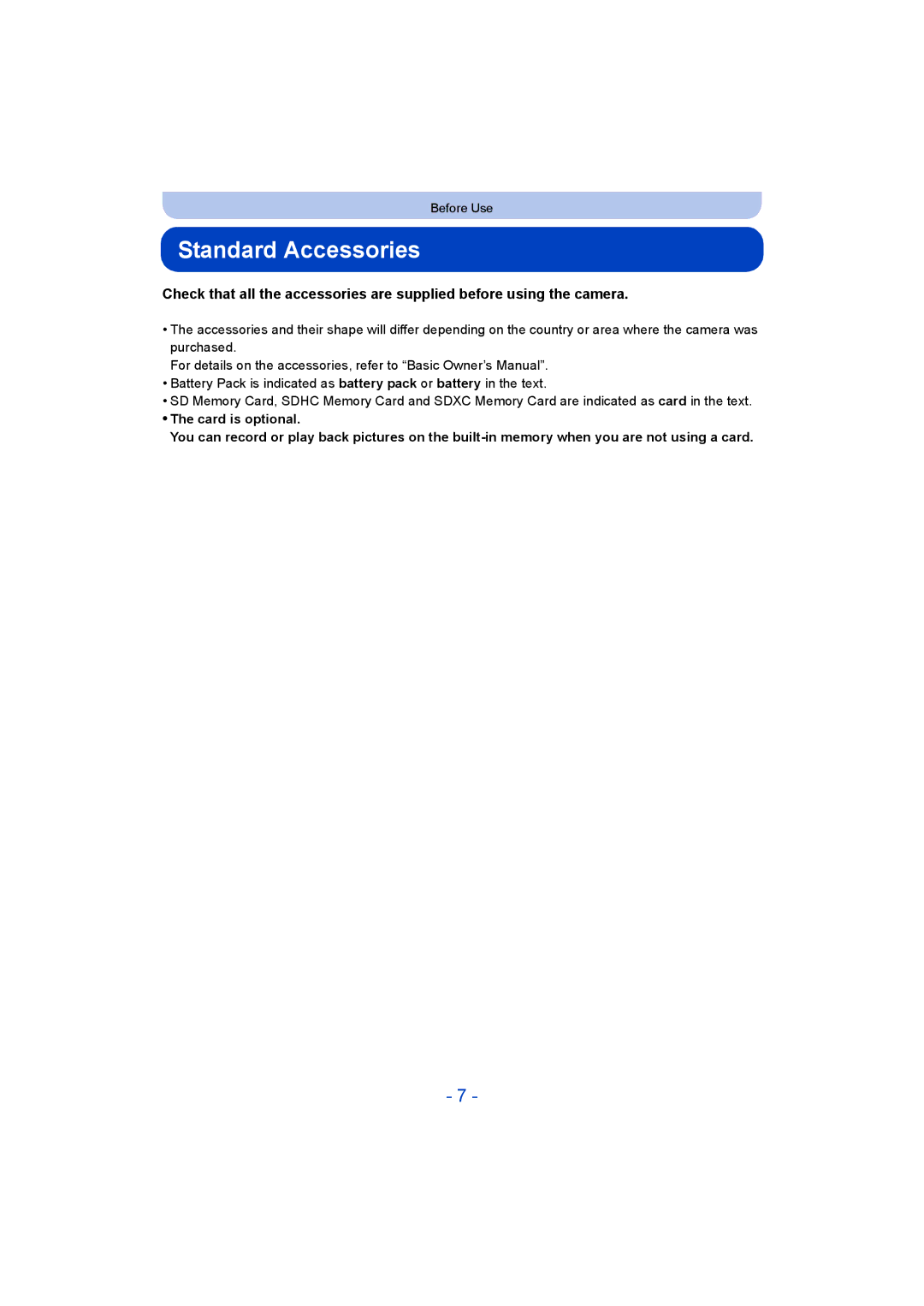 Panasonic DMC-ZS35 owner manual Standard Accessories 