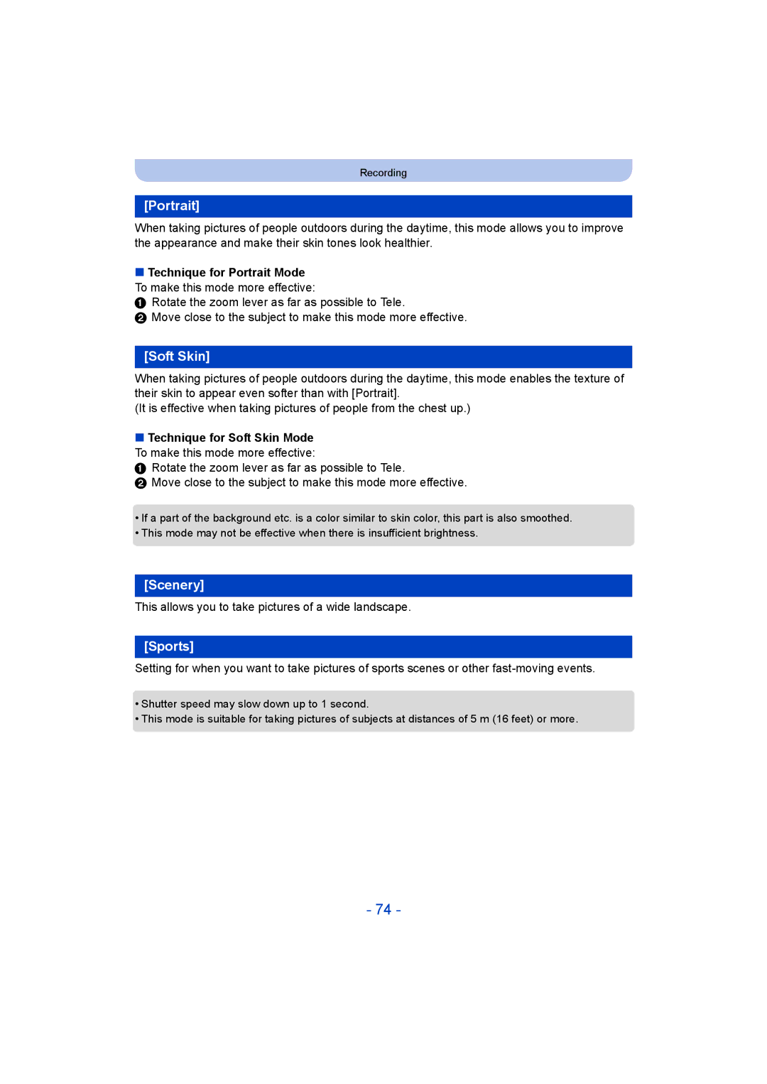 Panasonic DMC-ZS35 owner manual Portrait, Soft Skin, Scenery, Sports, This allows you to take pictures of a wide landscape 