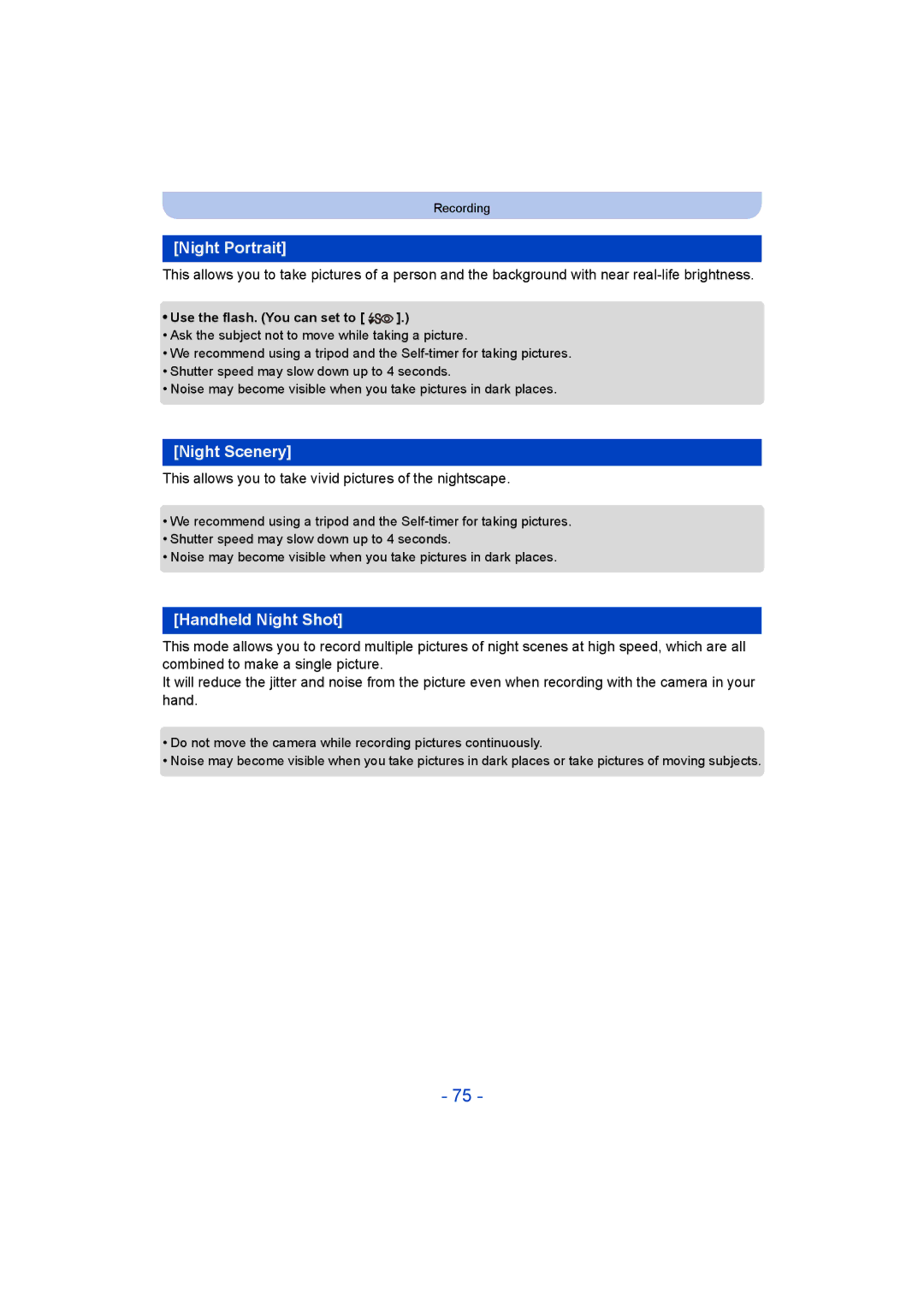 Panasonic DMC-ZS35 owner manual Night Portrait, Night Scenery, Handheld Night Shot, Use the flash. You can set to 
