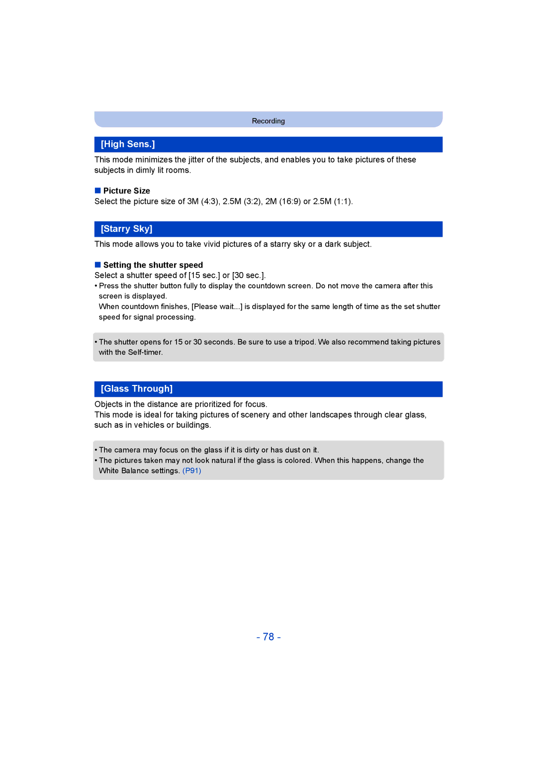 Panasonic DMC-ZS35 owner manual High Sens, Starry Sky, Glass Through, Picture Size, Setting the shutter speed 