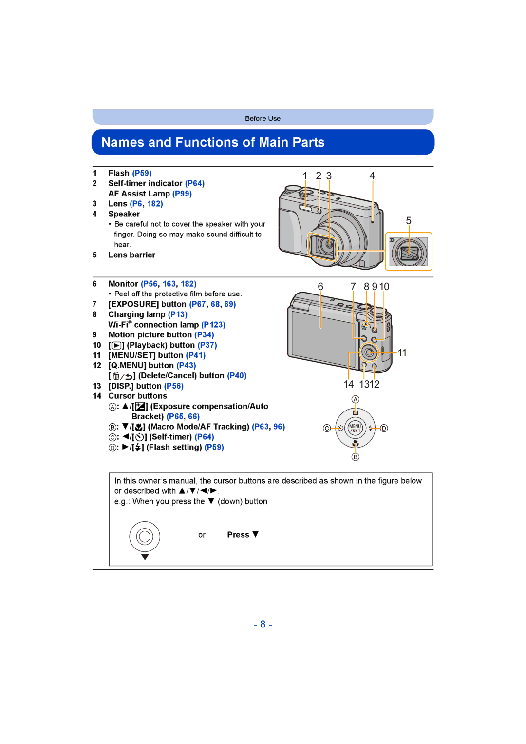 Panasonic DMC-ZS35 Names and Functions of Main Parts, Lens barrier Monitor P56, 163, When you press the 4 down button 