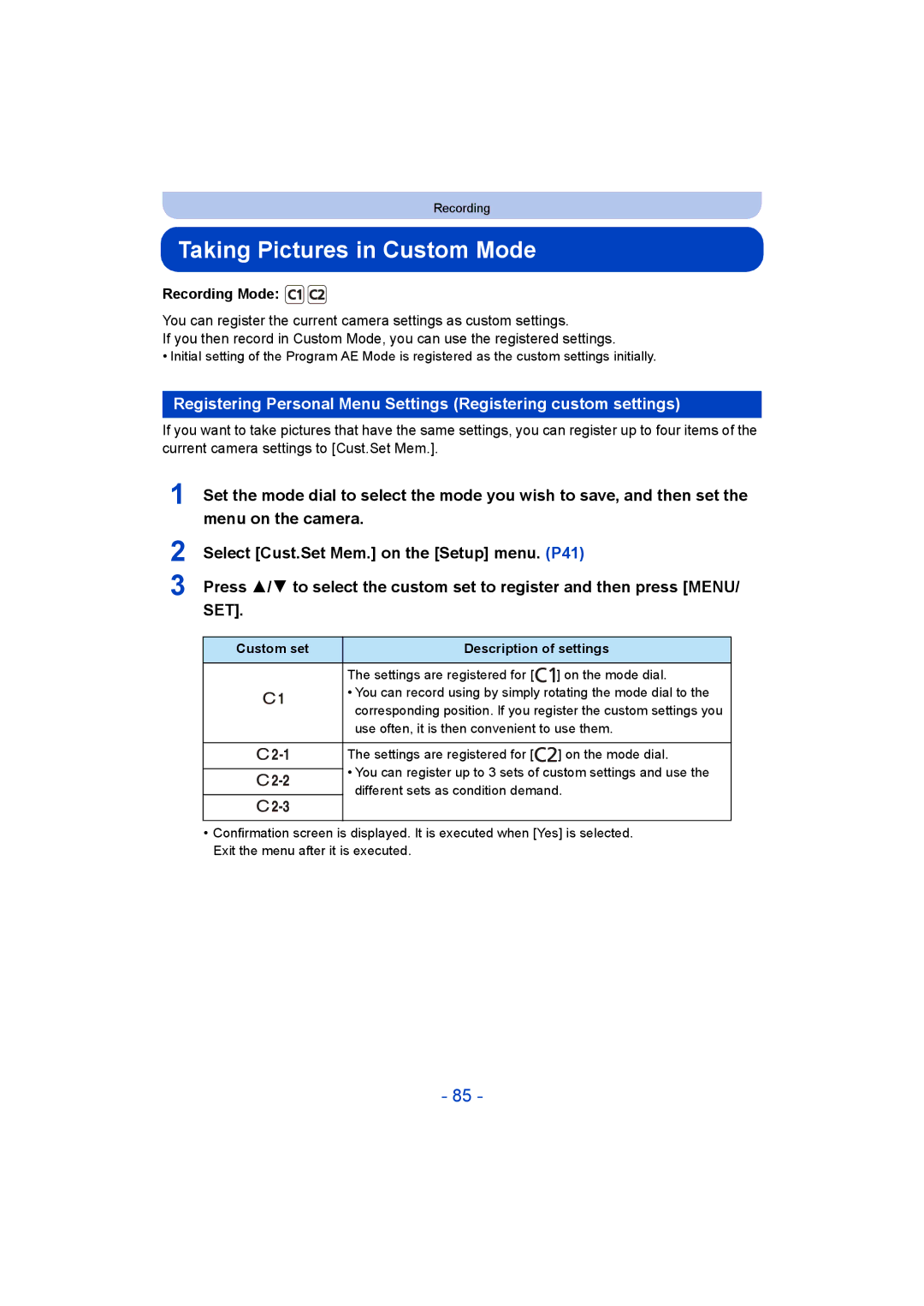 Panasonic DMC-ZS35 owner manual Taking Pictures in Custom Mode, Custom set Description of settings 