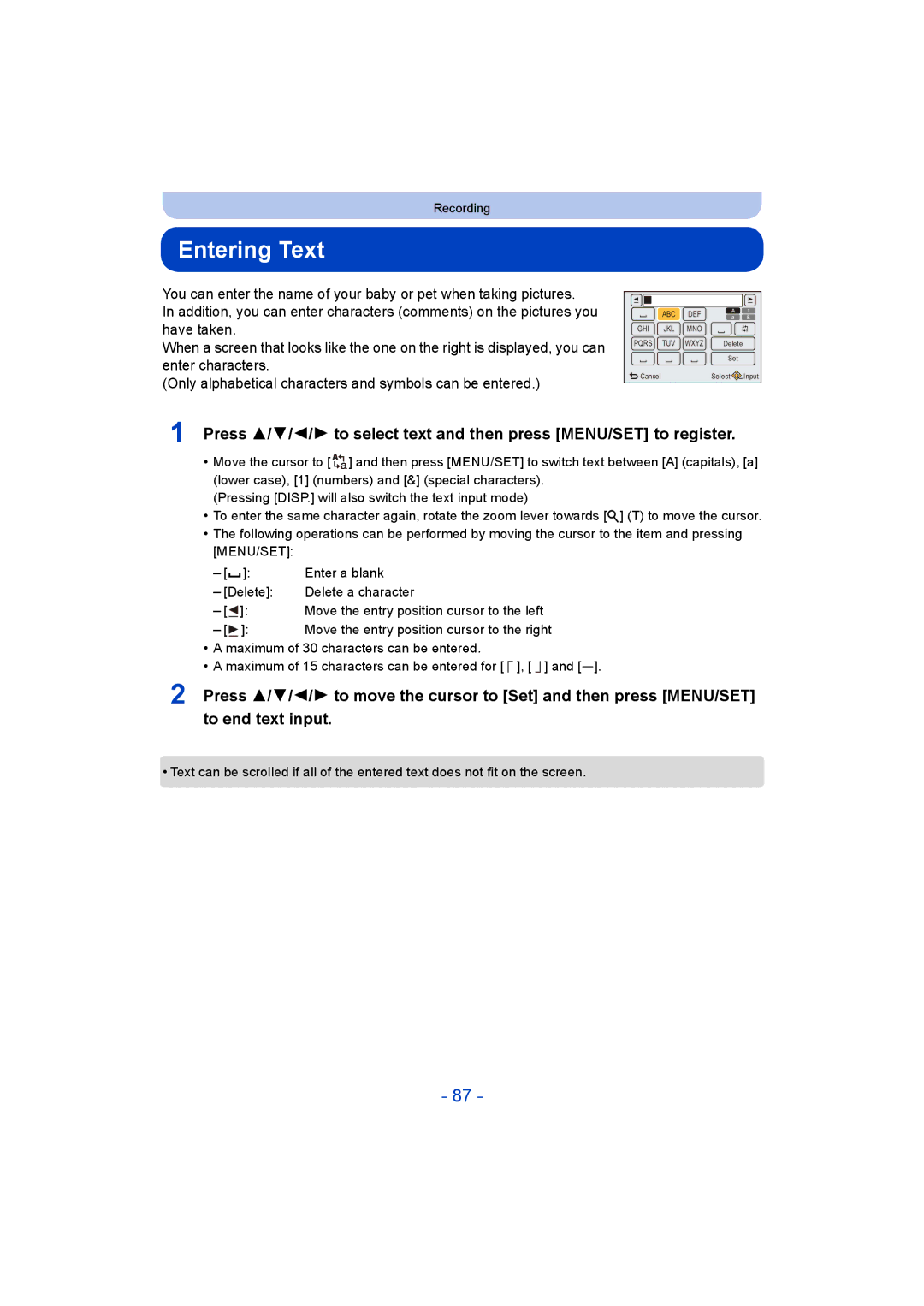 Panasonic DMC-ZS35 owner manual Entering Text 