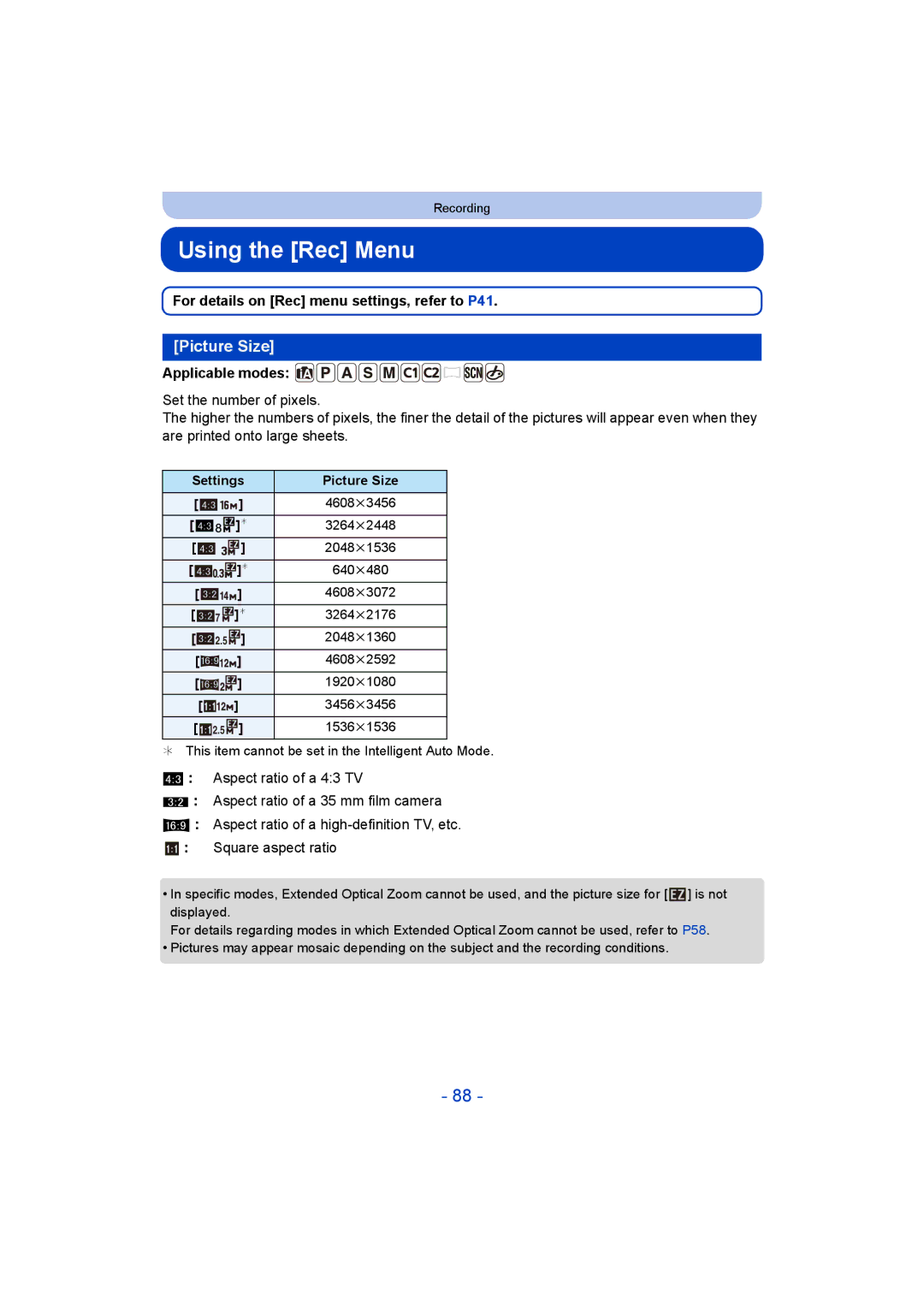 Panasonic DMC-ZS35 owner manual Using the Rec Menu, Picture Size, For details on Rec menu settings, refer to P41 