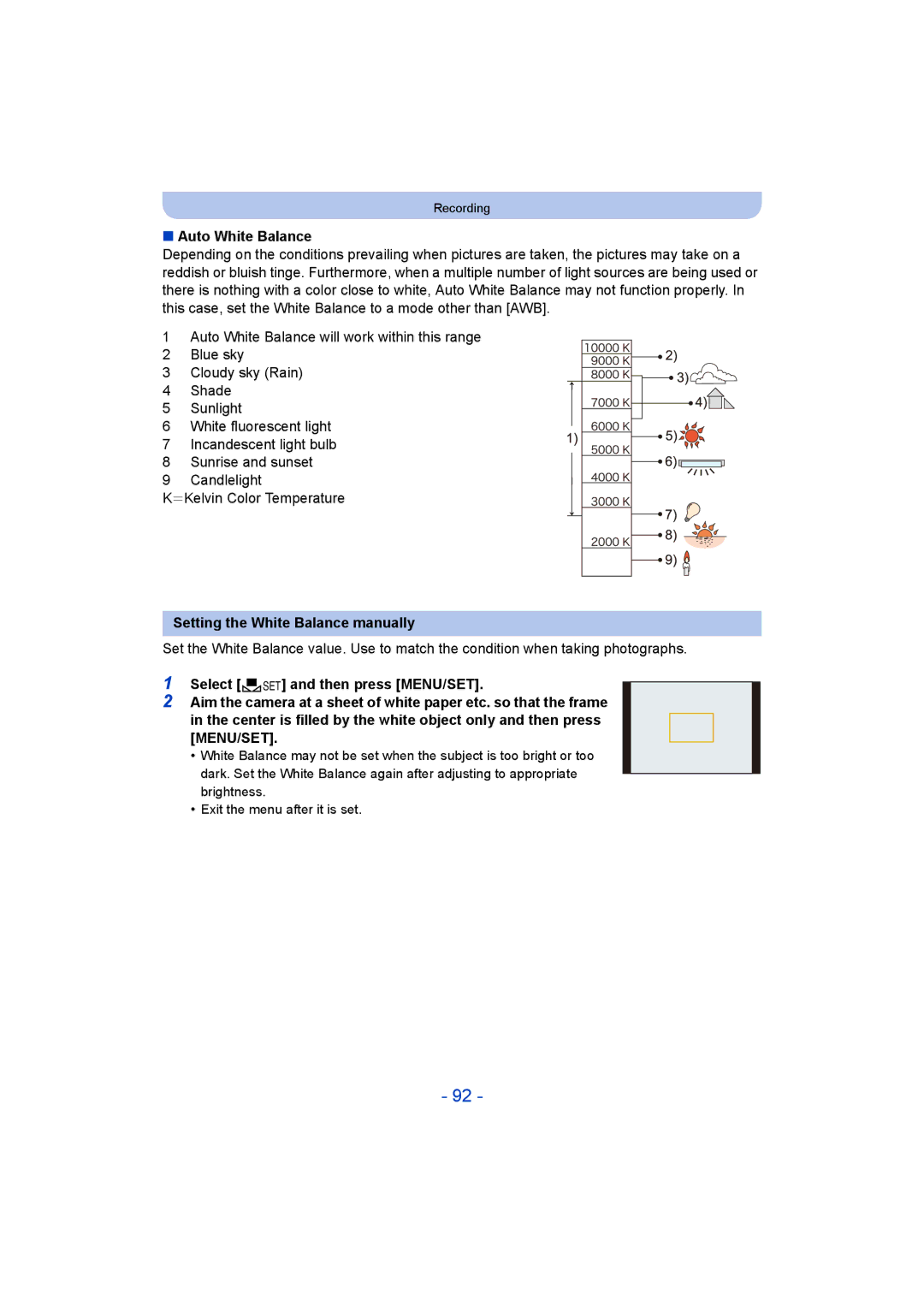 Panasonic DMC-ZS35 owner manual Auto White Balance, Setting the White Balance manually 