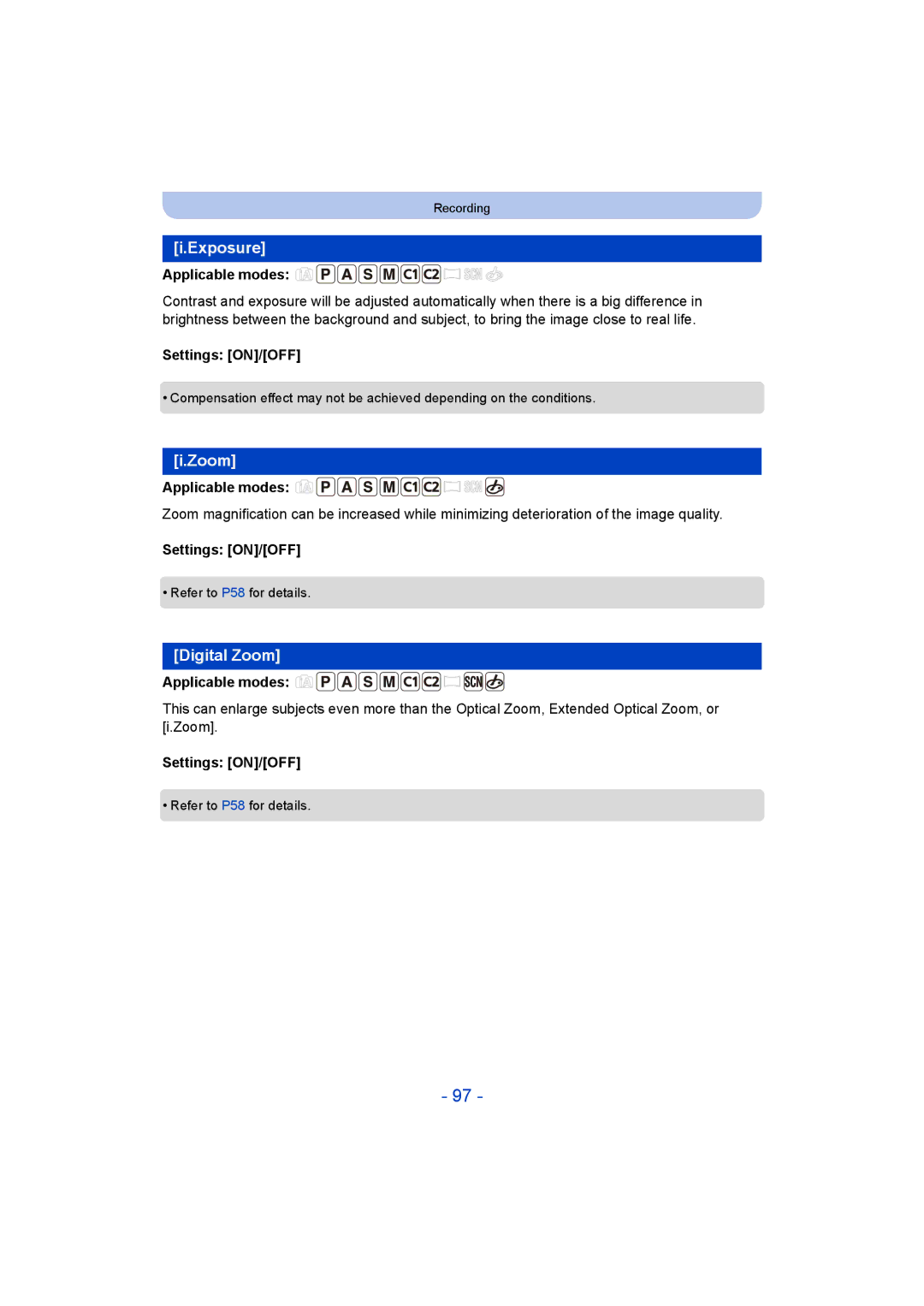 Panasonic DMC-ZS35 owner manual Exposure, Zoom, Settings ON/OFF 