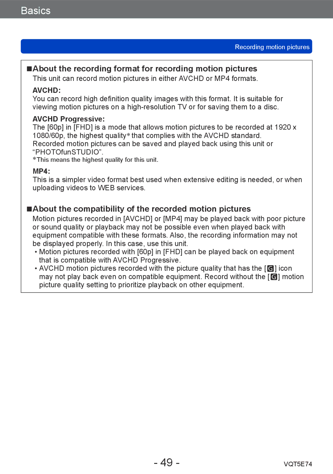 Panasonic DMCZS40K, DMC-ZS40, DMCZS40S About the recording format for recording motion pictures, Avchd Progressive, MP4 