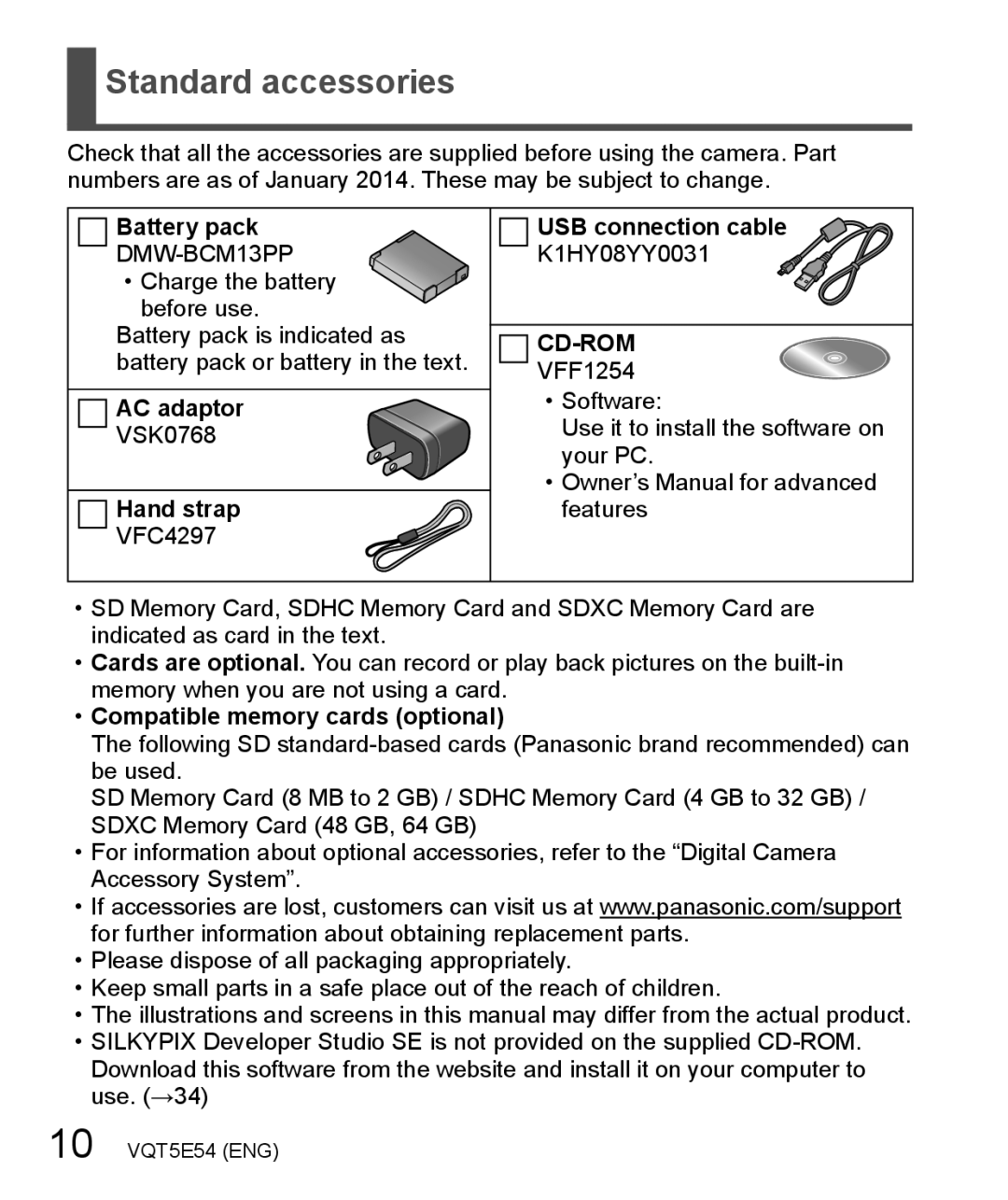 Panasonic DMC-ZS40 owner manual Standard accessories 