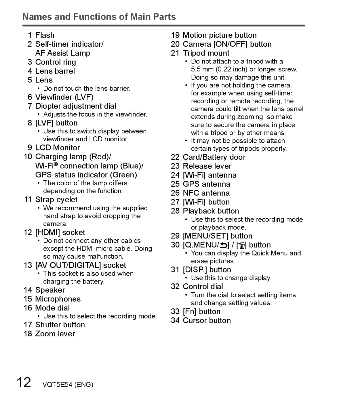 Panasonic DMC-ZS40 owner manual Names and Functions of Main Parts, Hdmi socket 