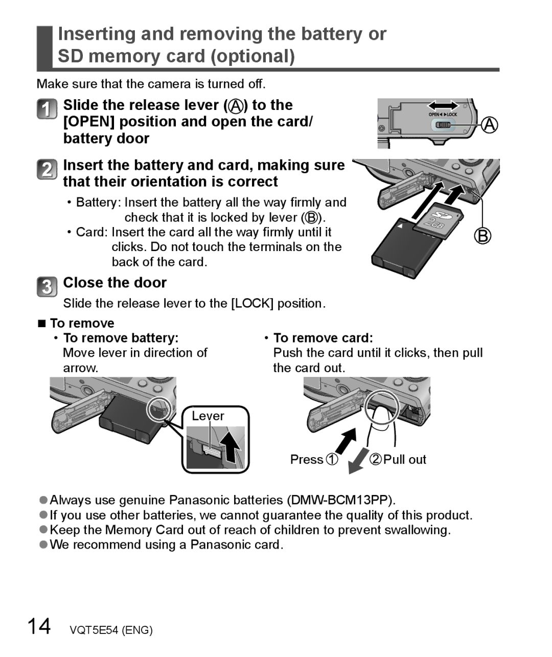 Panasonic DMC-ZS40 owner manual Close the door, To remove To remove battery To remove card 